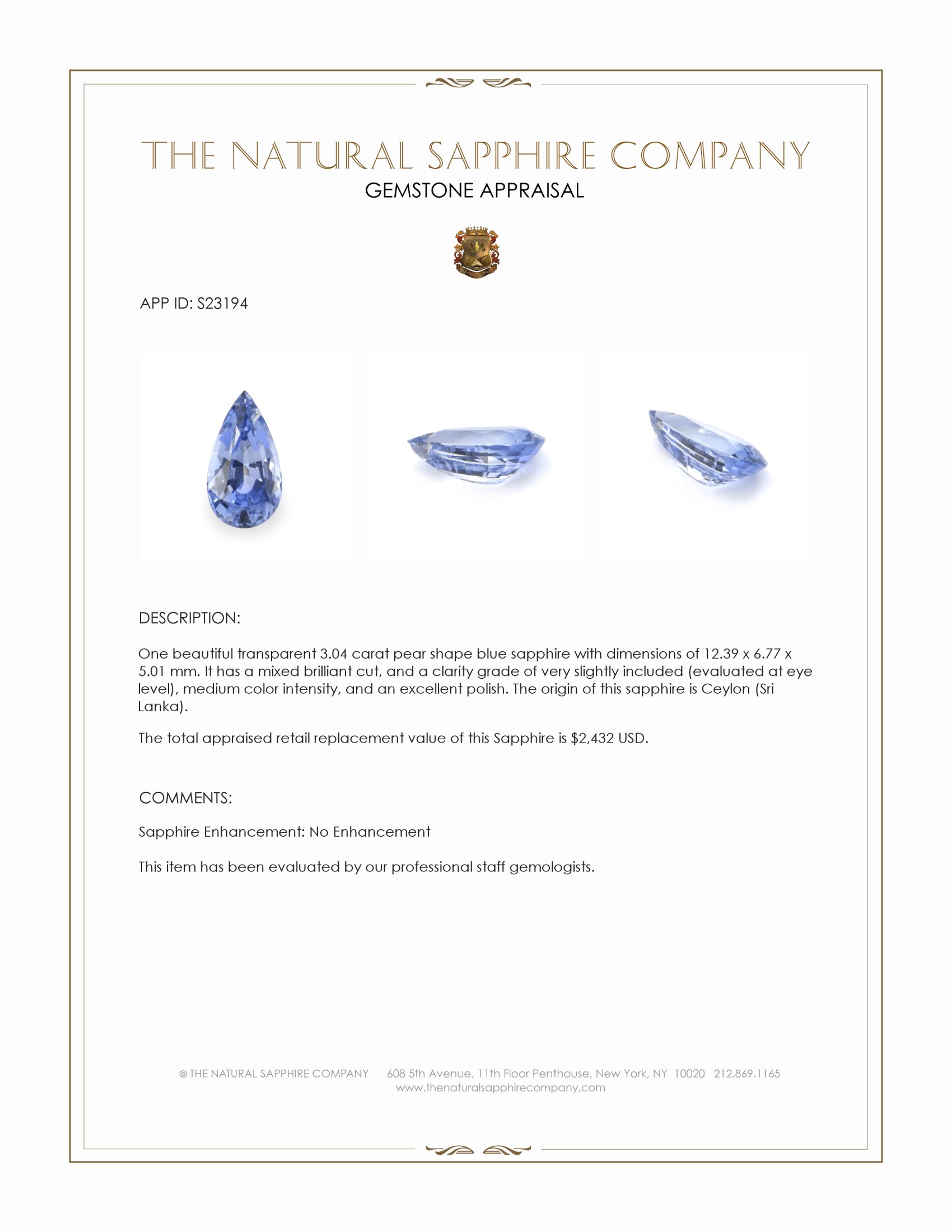 3.04 Ct. Blue Sapphire from Ceylon (Sri Lanka)