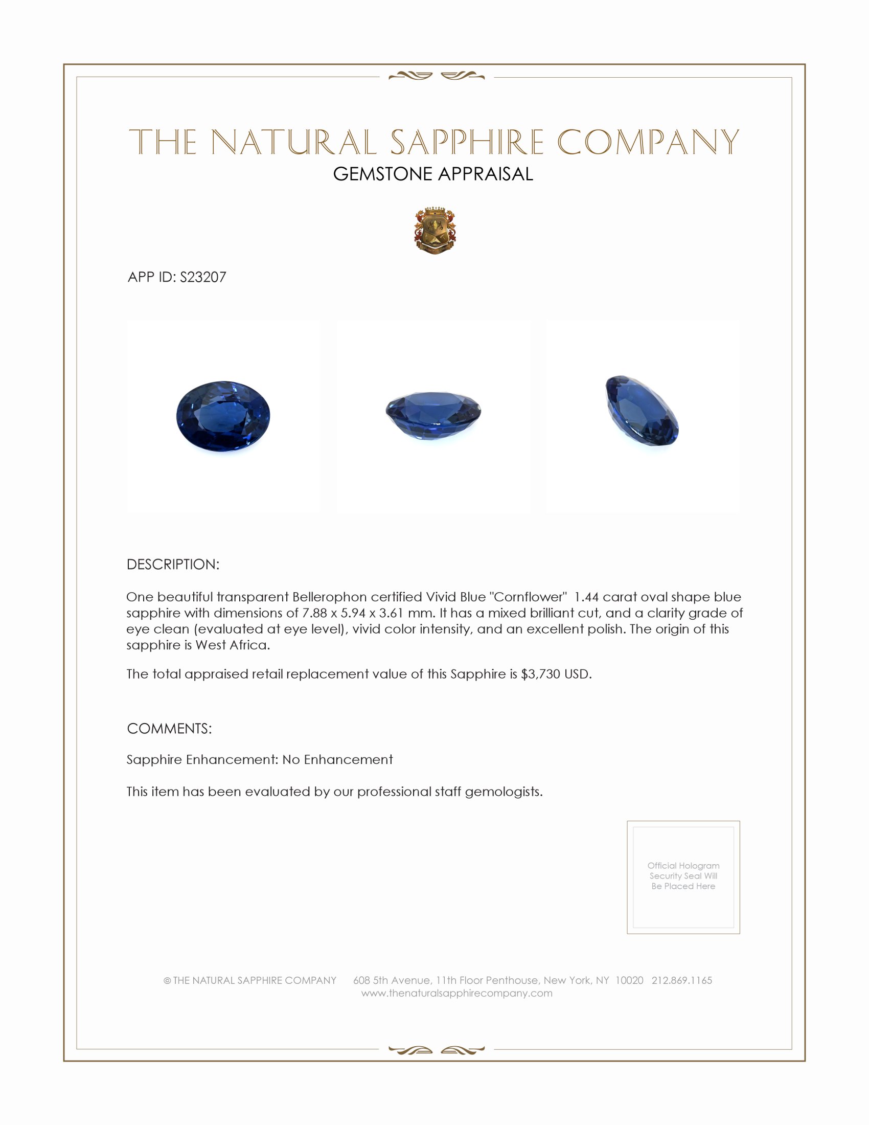 1.44 Ct. Blue Sapphire from West Africa