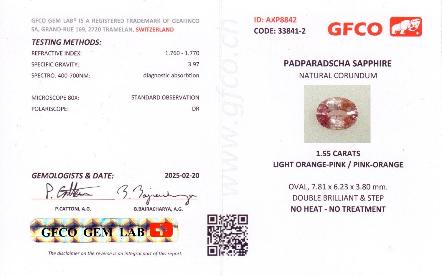 1.55 Ct. Padparadscha Sapphire from Ceylon (Sri Lanka)