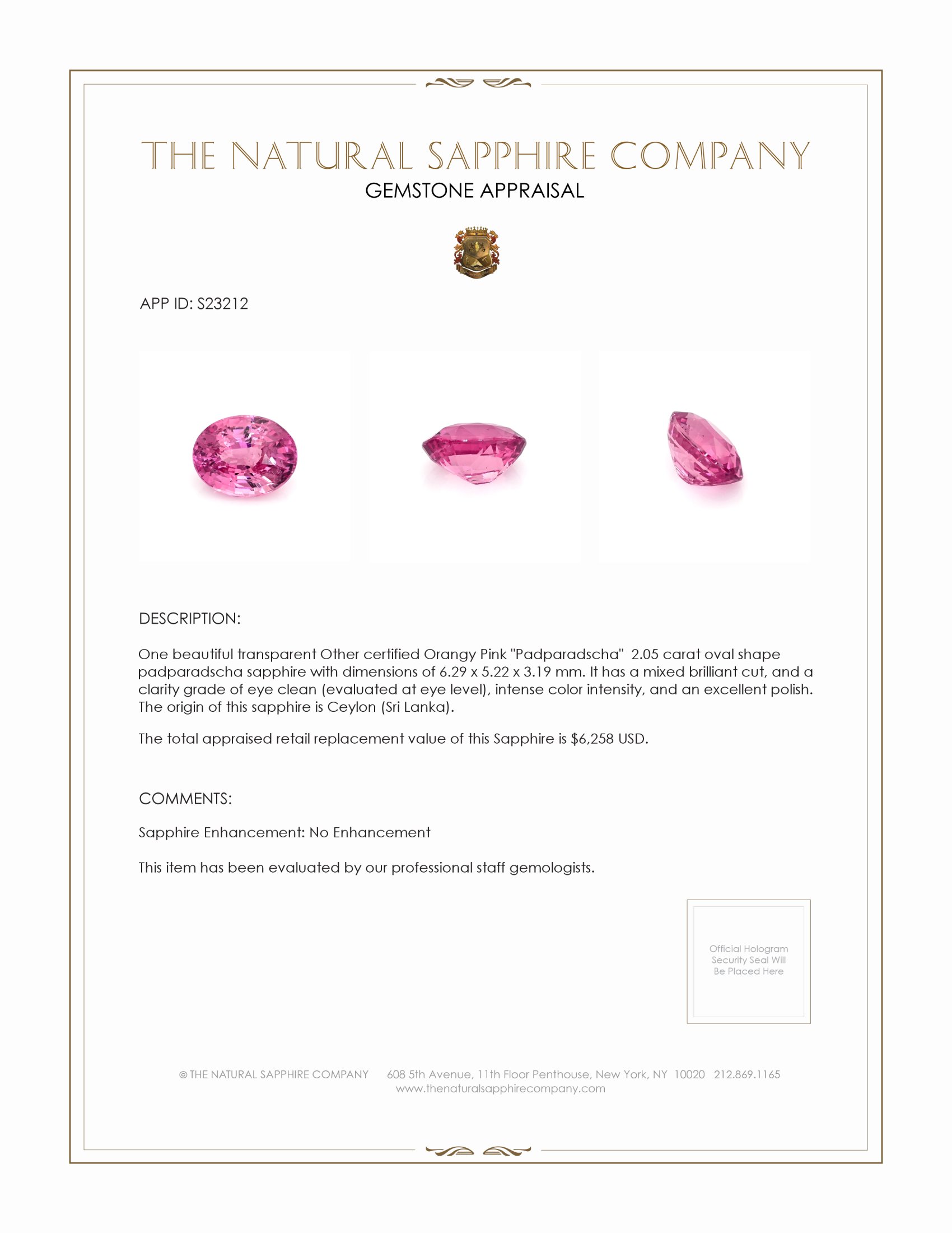 2.05 Ct. Padparadscha Sapphire from Ceylon (Sri Lanka)