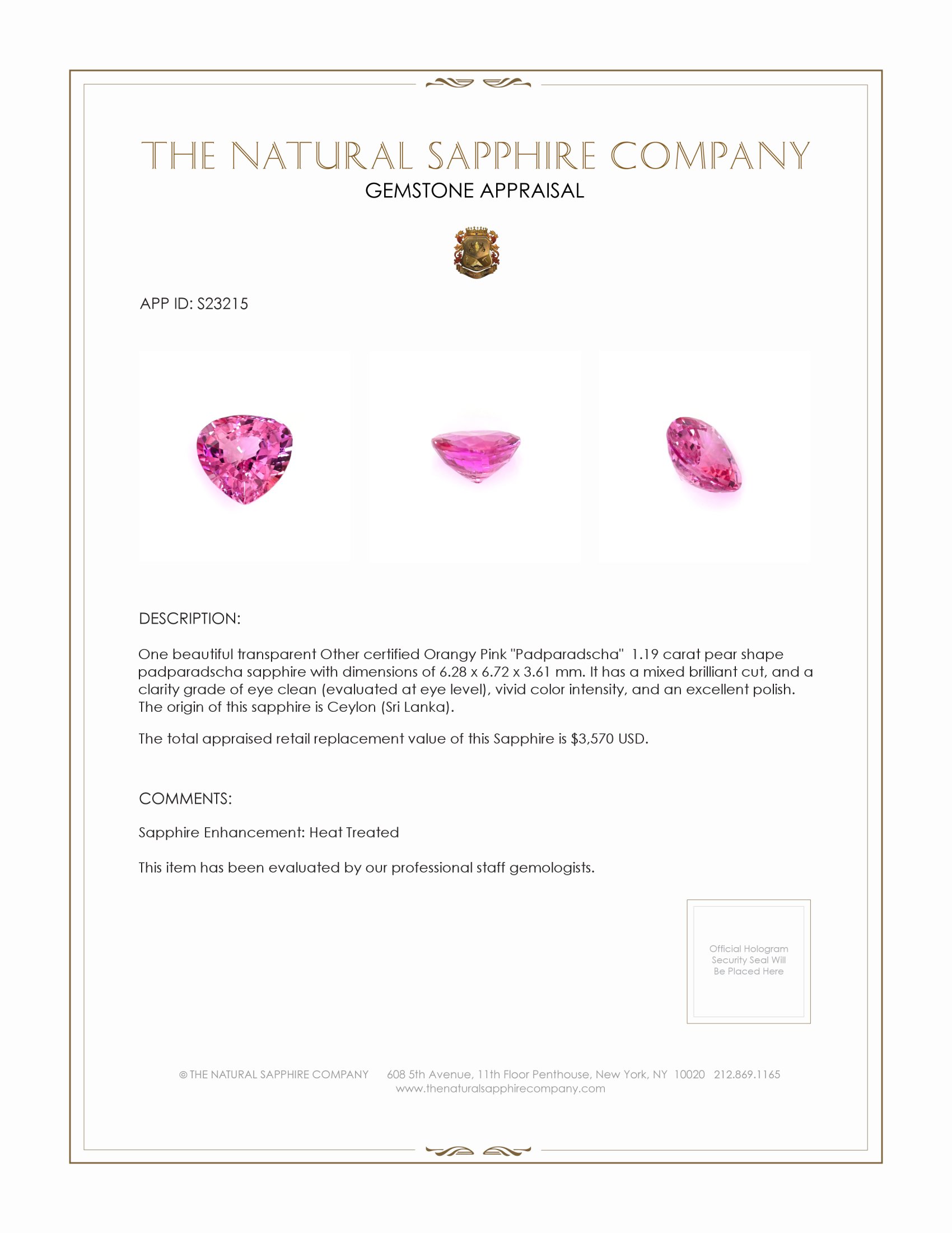 1.19 Ct. Padparadscha Sapphire from Ceylon (Sri Lanka)
