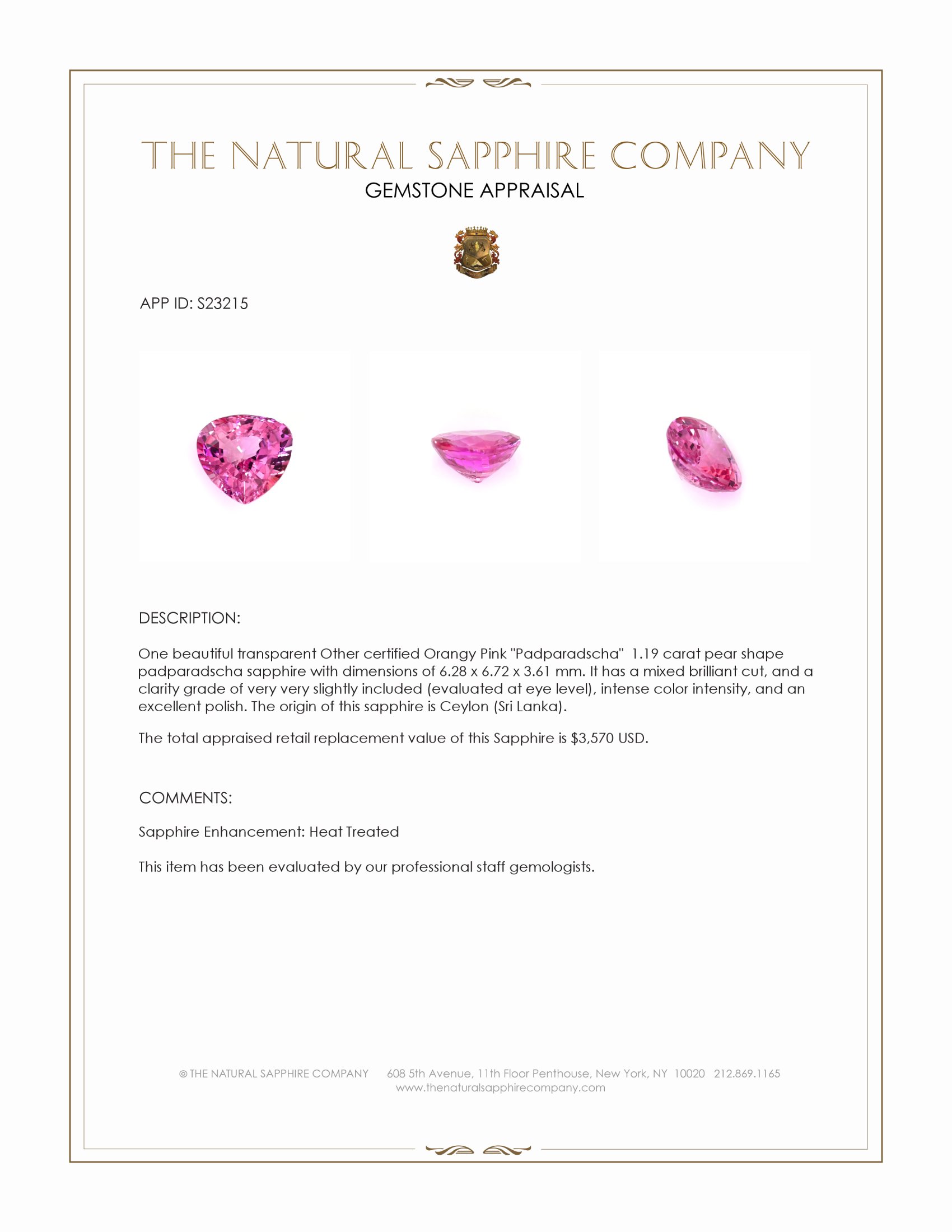 1.19 Ct. Padparadscha Sapphire from Ceylon (Sri Lanka)