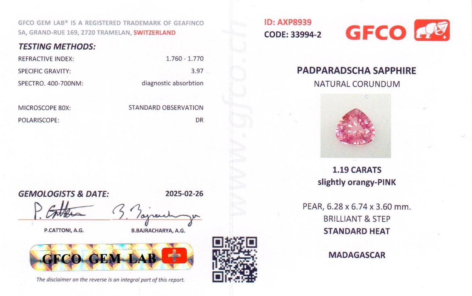 1.19 Ct. Padparadscha Sapphire from Ceylon (Sri Lanka)