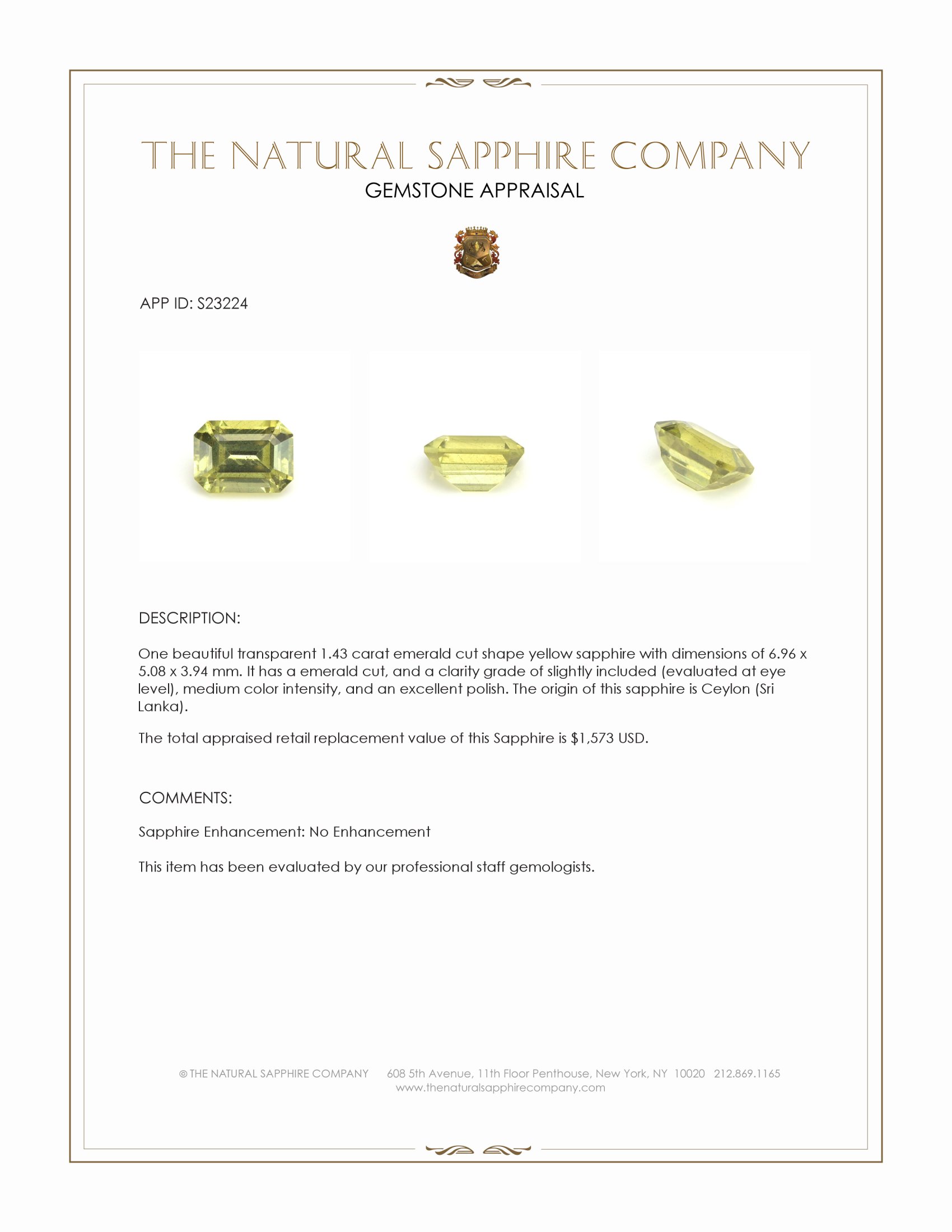 1.43 Ct. Yellow Sapphire from Ceylon (Sri Lanka)