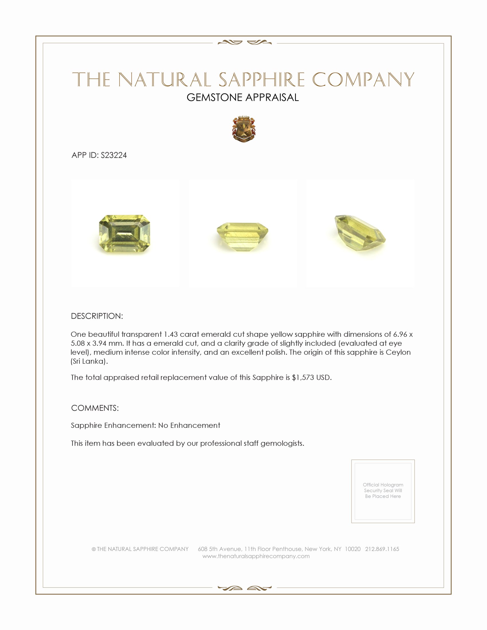 1.43 Ct. Yellow Sapphire from Ceylon (Sri Lanka)