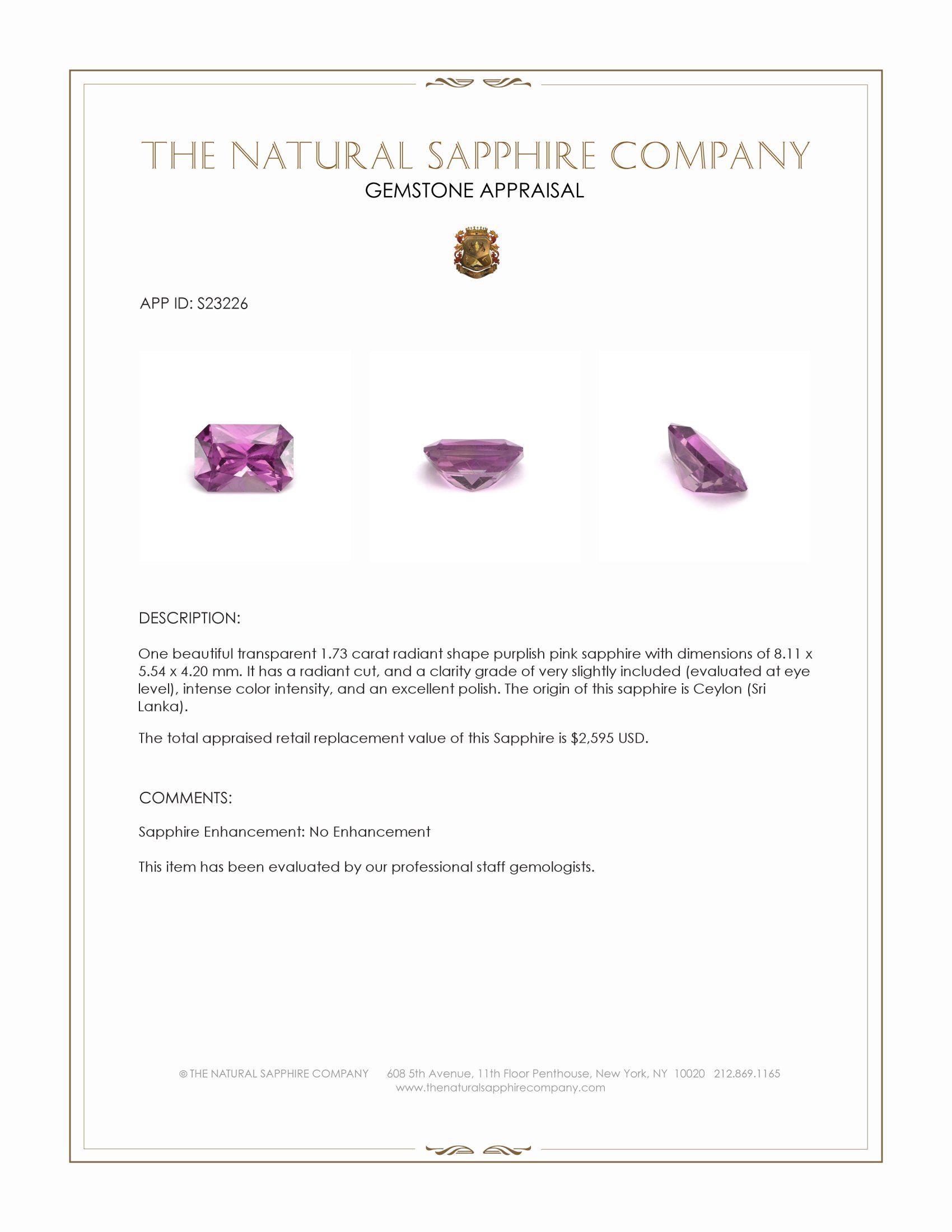 1.73 Ct. Purplish Pink Sapphire from Ceylon (Sri Lanka)