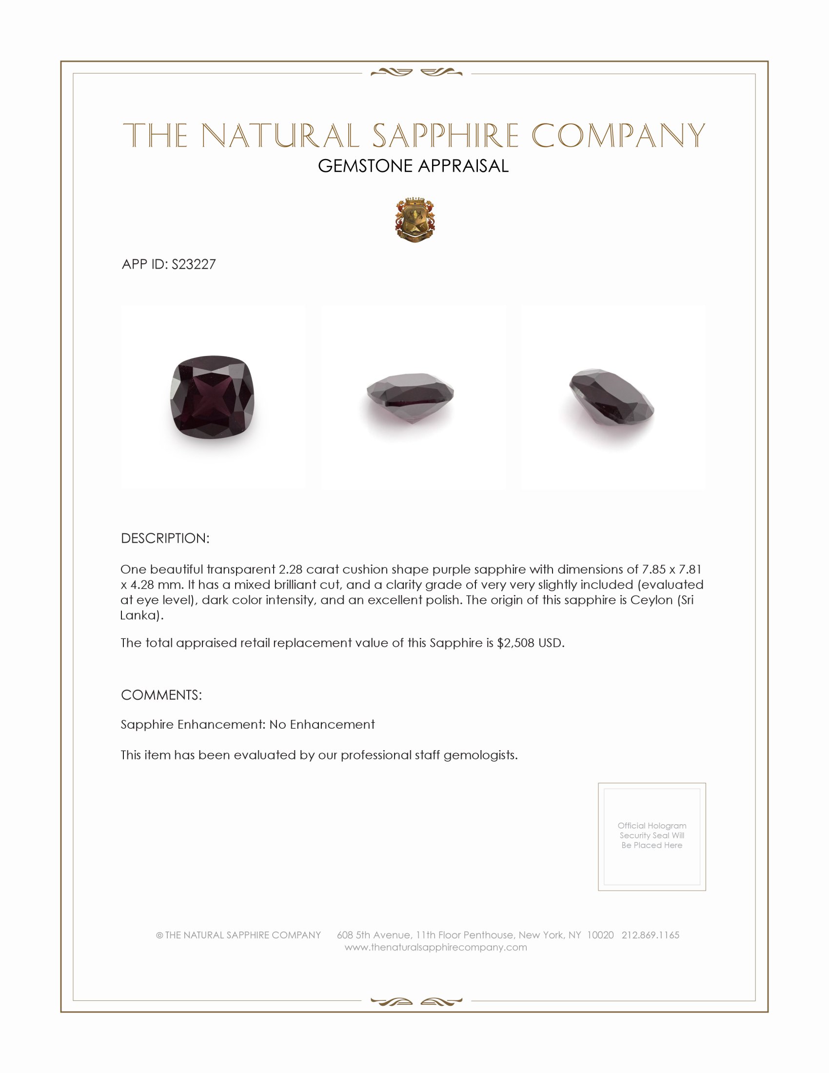 2.28 Ct. Purple Sapphire from Ceylon (Sri Lanka)