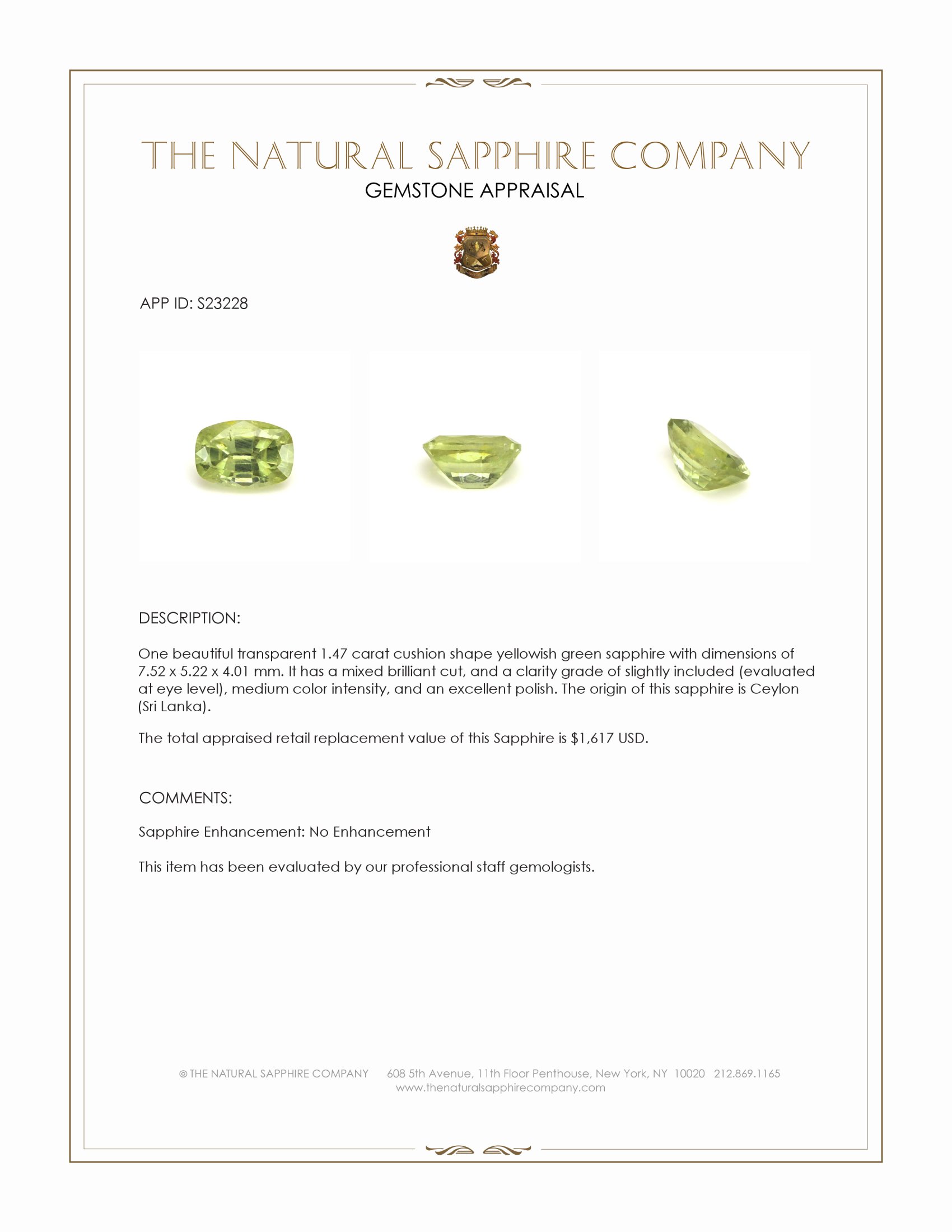 1.47 Ct. Yellowish Green Sapphire from Ceylon (Sri Lanka)