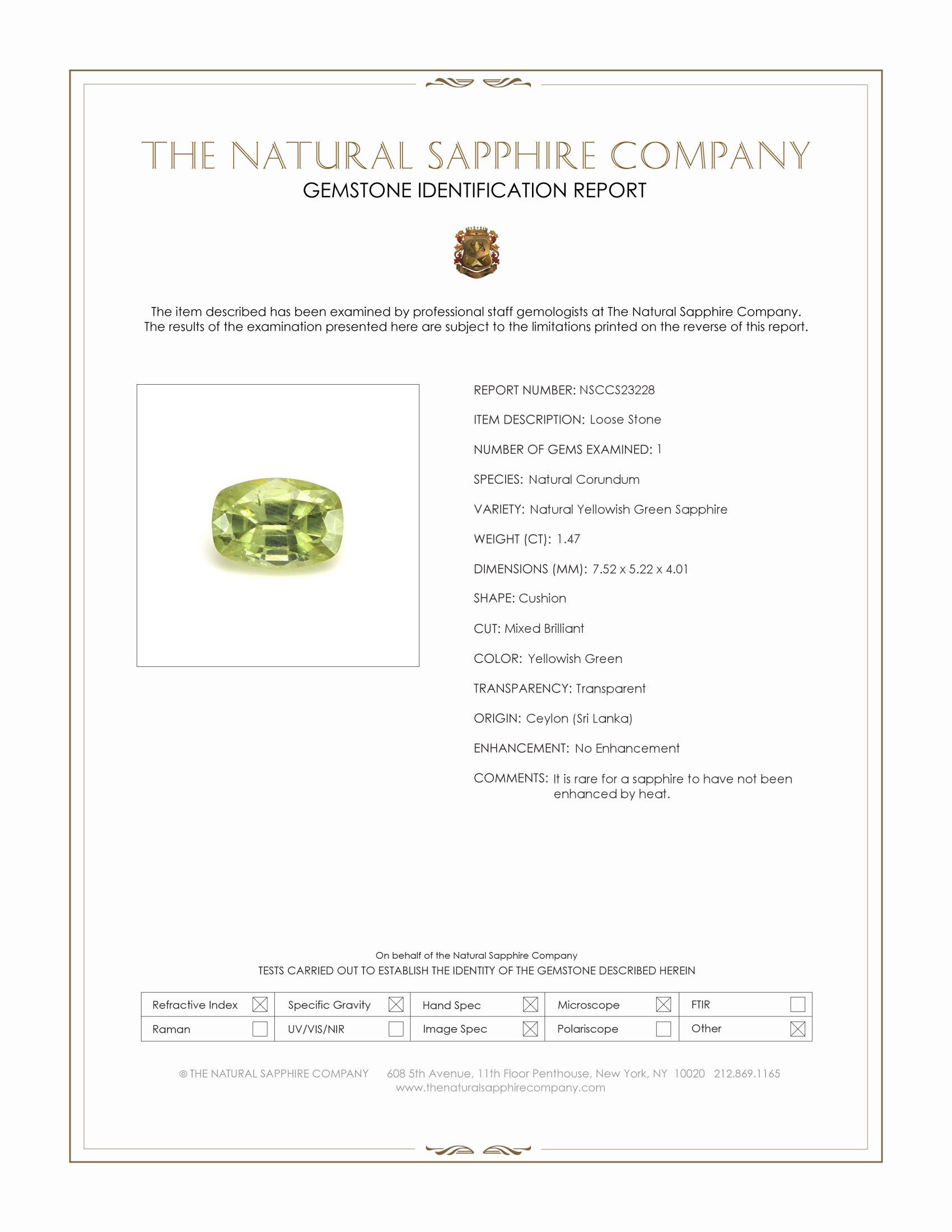1.47 Ct. Yellowish Green Sapphire from Ceylon (Sri Lanka)