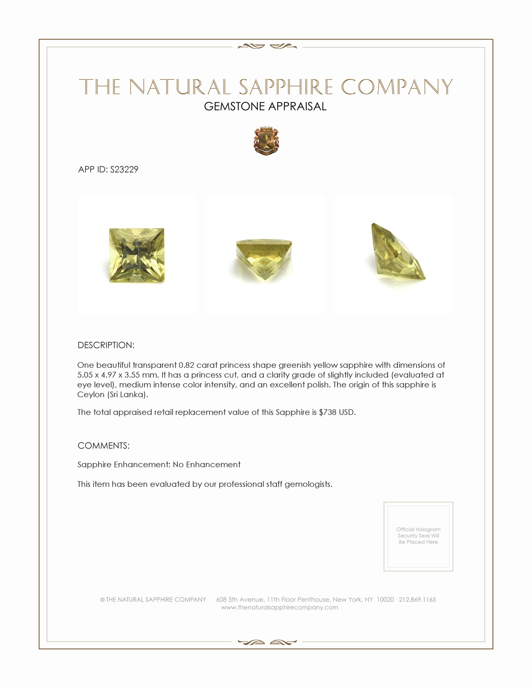 0.82 Ct. Greenish Yellow Sapphire from Ceylon (Sri Lanka)