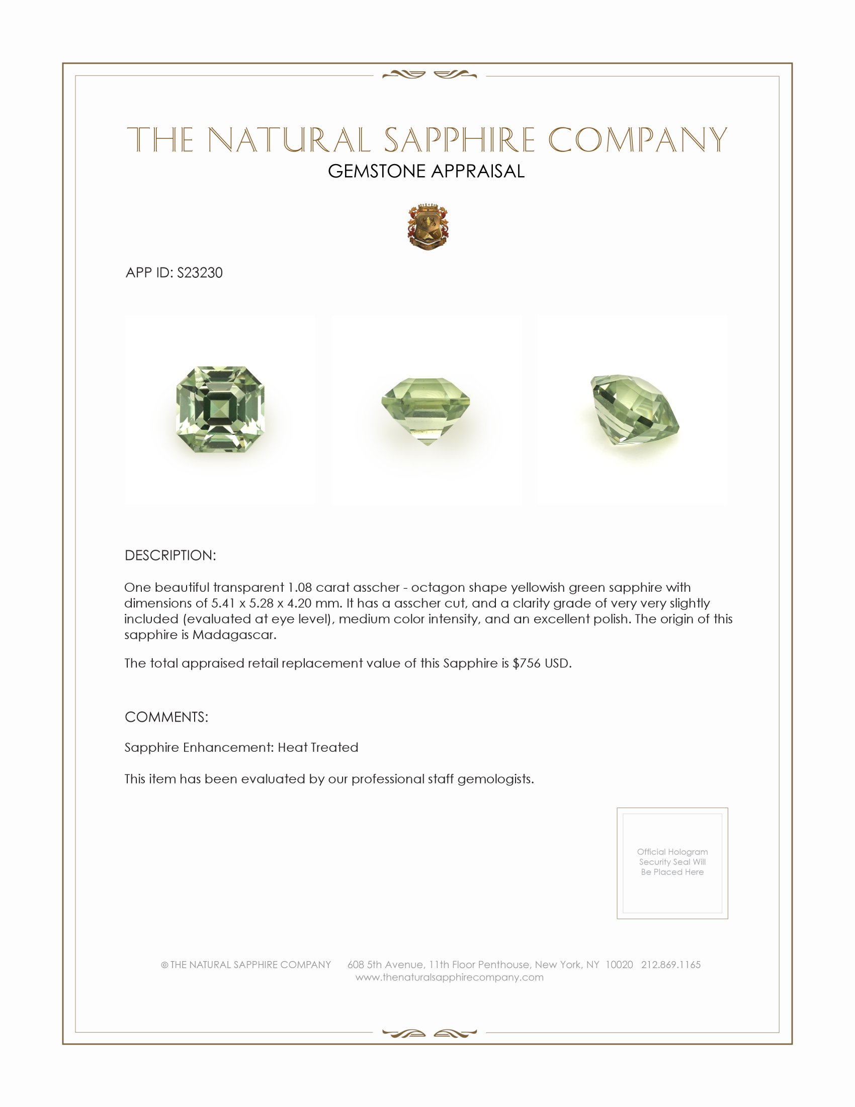 1.08 Ct. Yellowish Green Sapphire from Madagascar