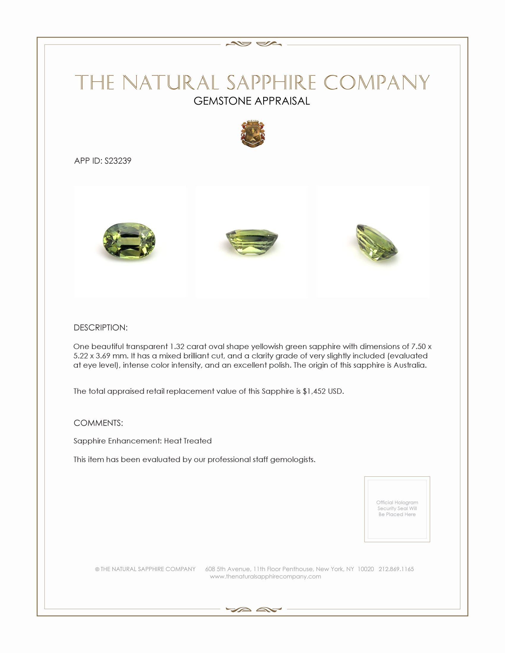 1.32 Ct. Yellowish Green Sapphire from Australia