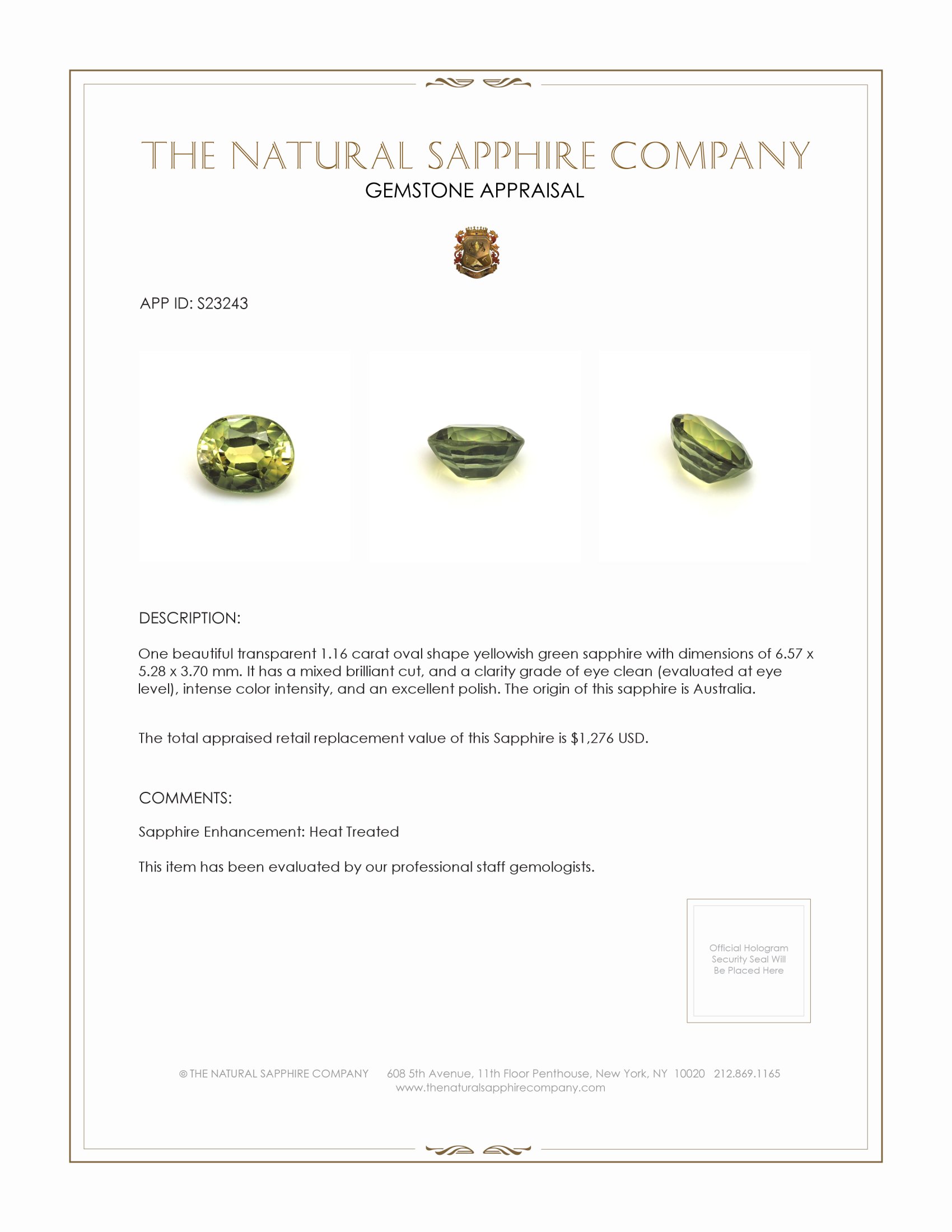 1.16 Ct. Yellowish Green Sapphire from Australia