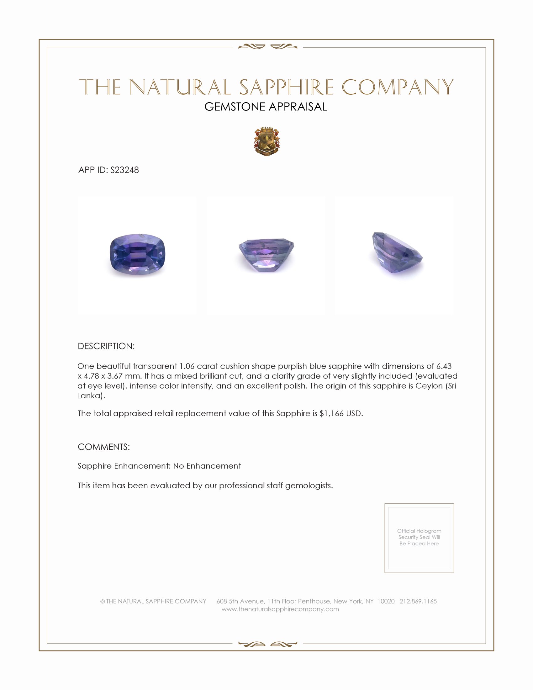 1.06 Ct. Purplish Blue Sapphire from Ceylon (Sri Lanka)