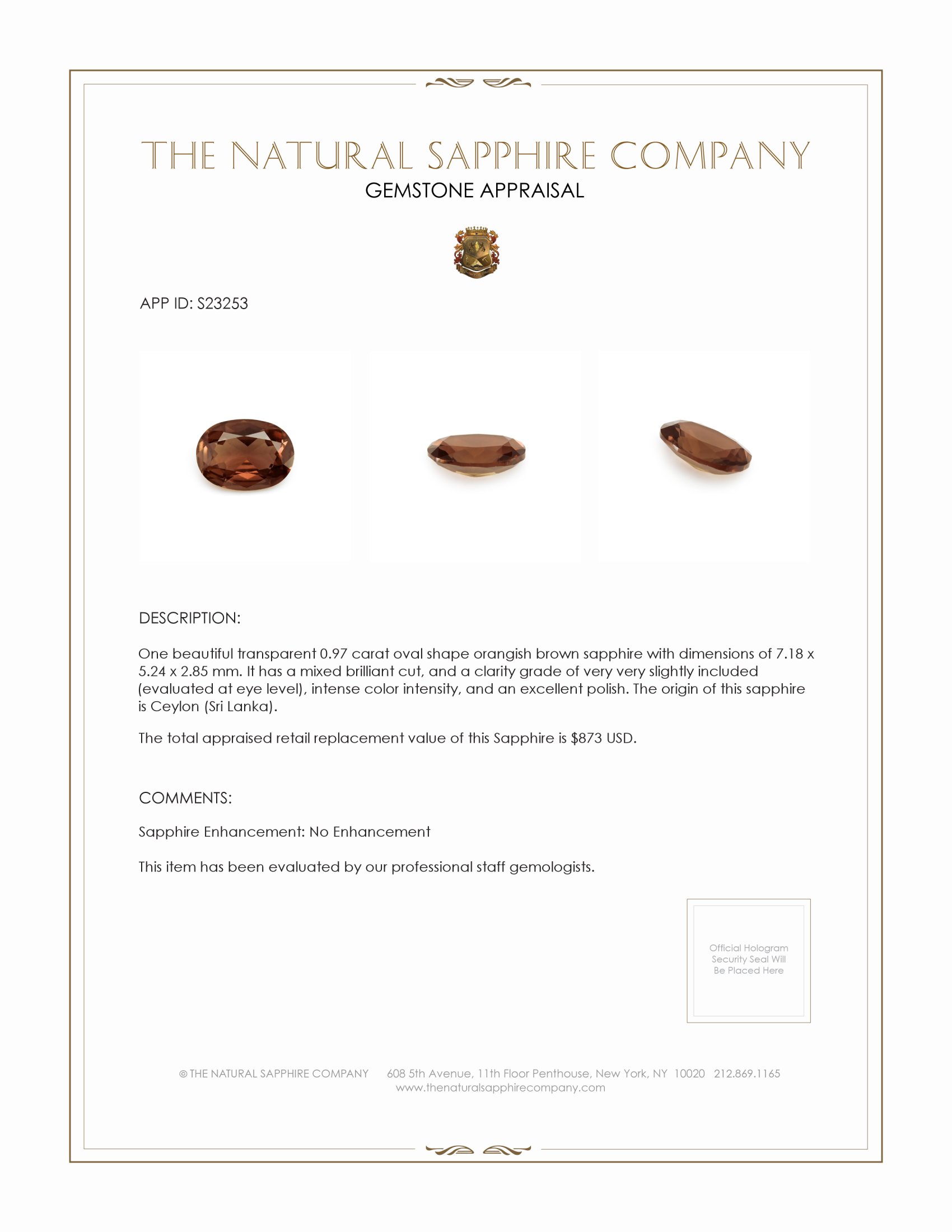 0.97 Ct. Orangish Brown Sapphire from Ceylon (Sri Lanka)