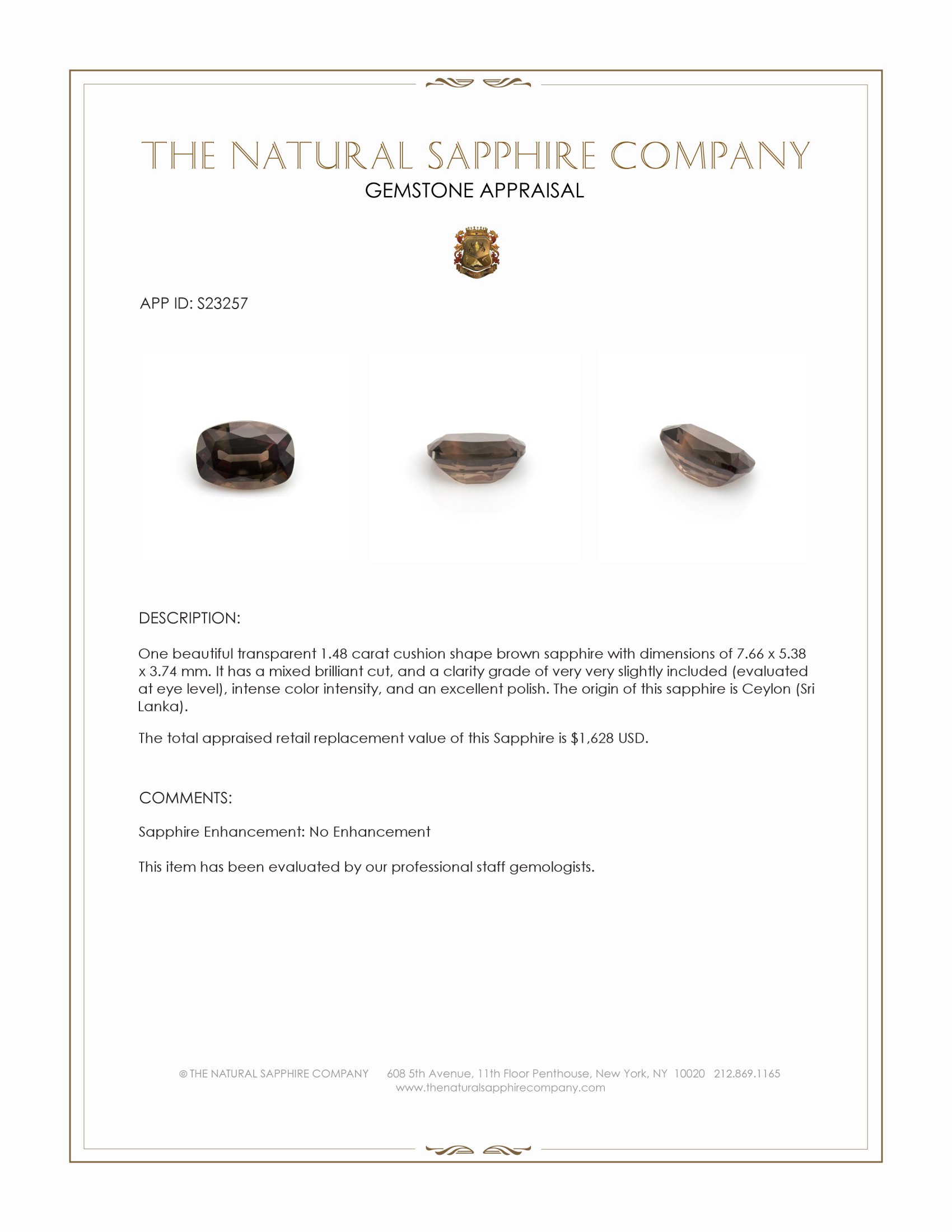 1.48 Ct. Brown Sapphire from Ceylon (Sri Lanka)