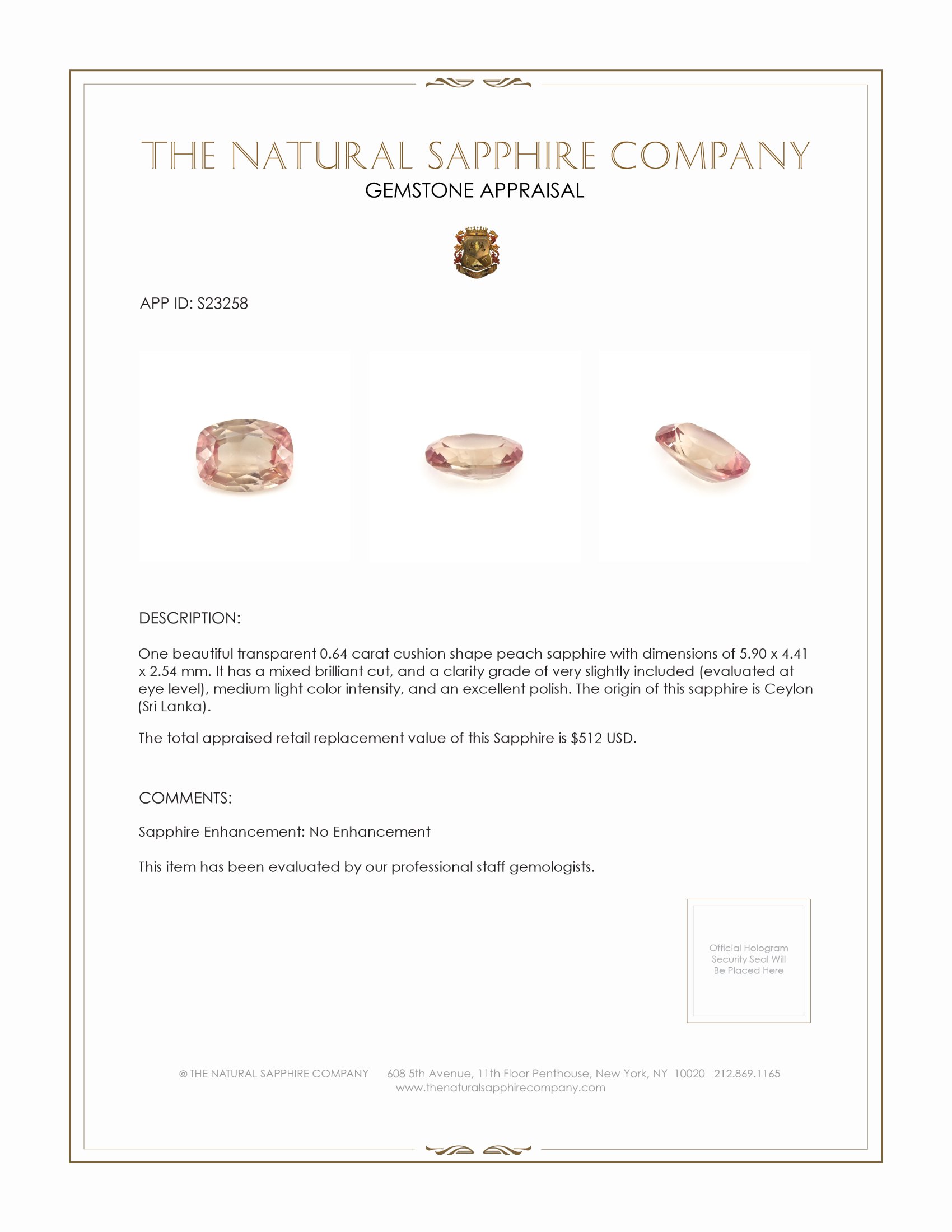 0.64 Ct. Peach Sapphire from Ceylon (Sri Lanka)