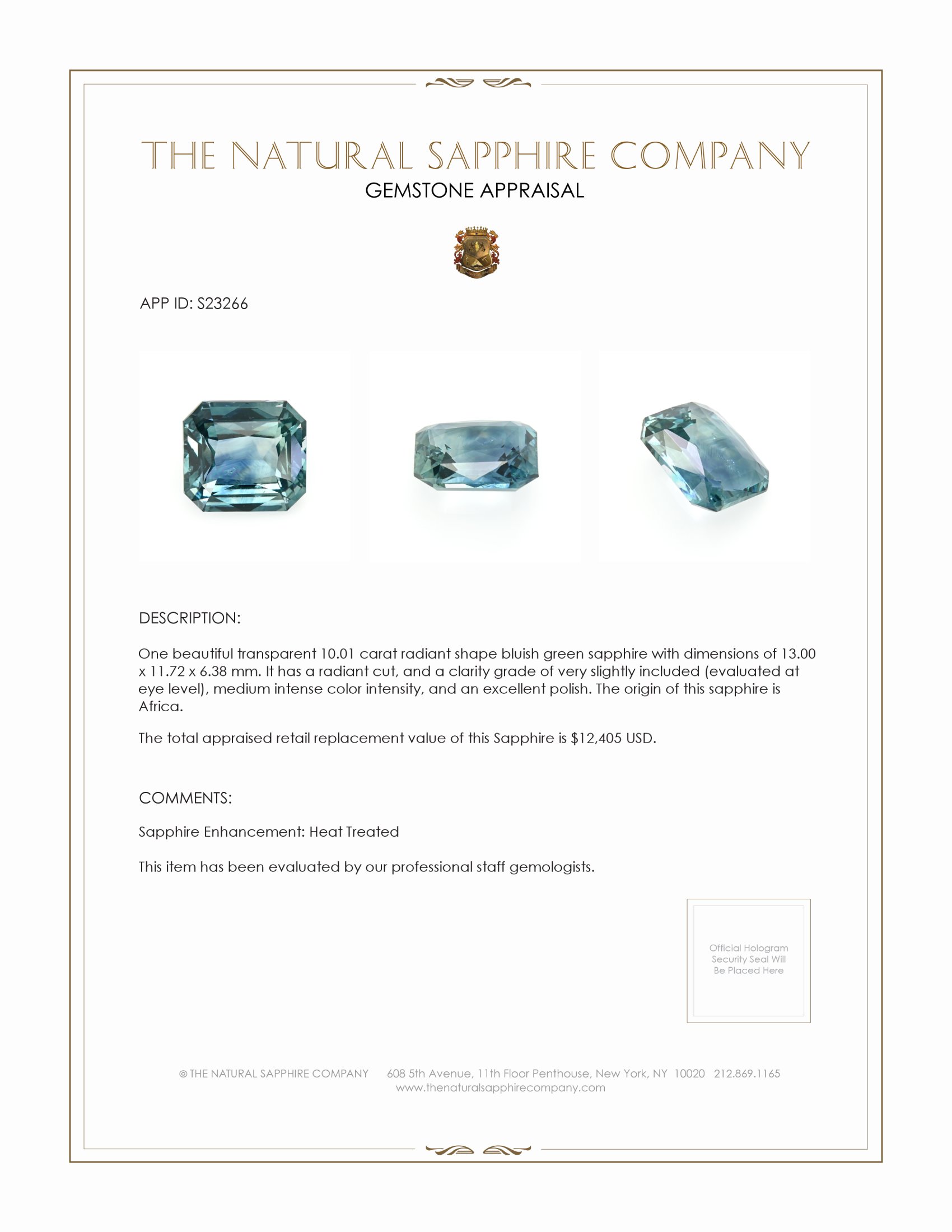 10.01 Ct. Bluish Green Sapphire from Africa