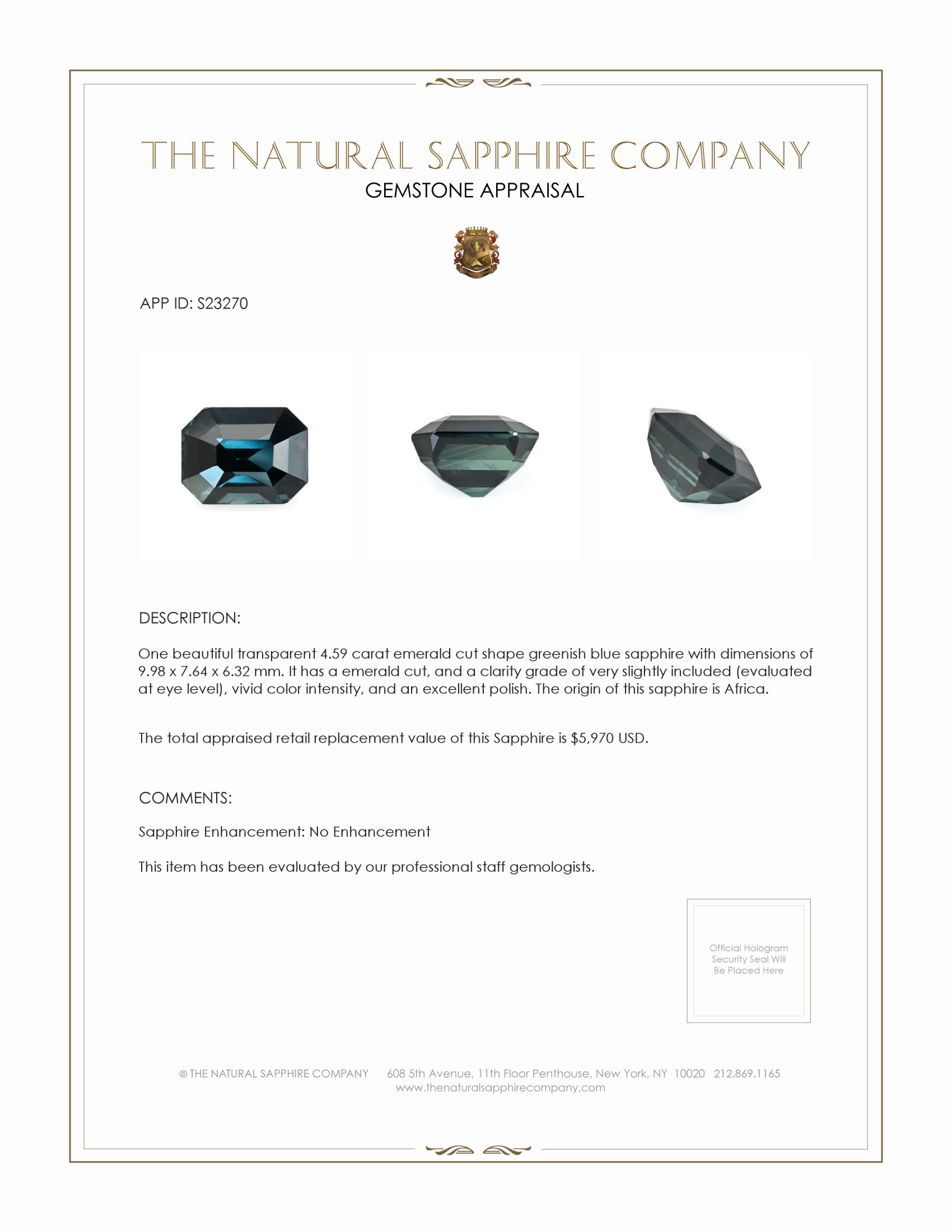 4.59 Ct. Greenish Blue Sapphire from Africa