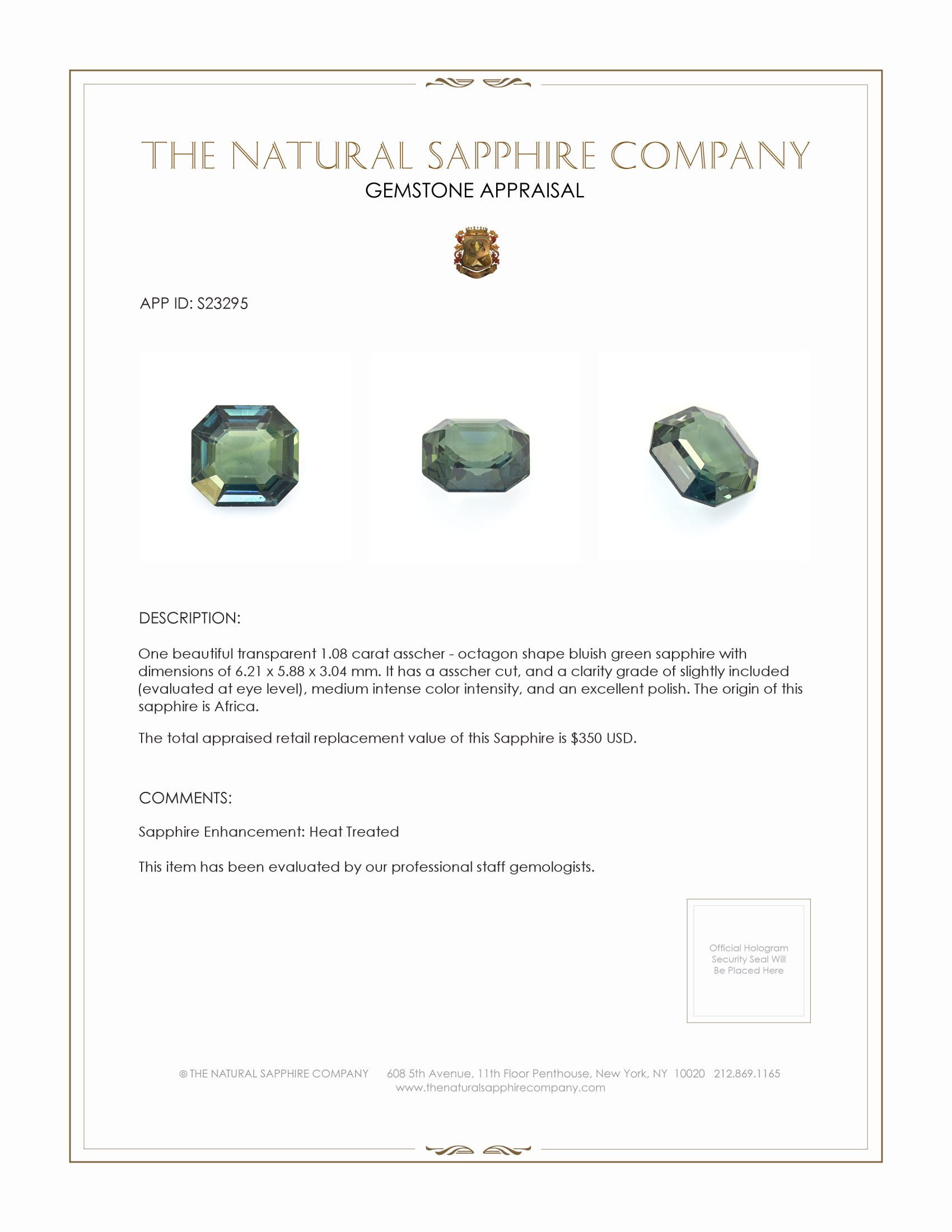 1.08 Ct. Bluish Green Sapphire from Africa