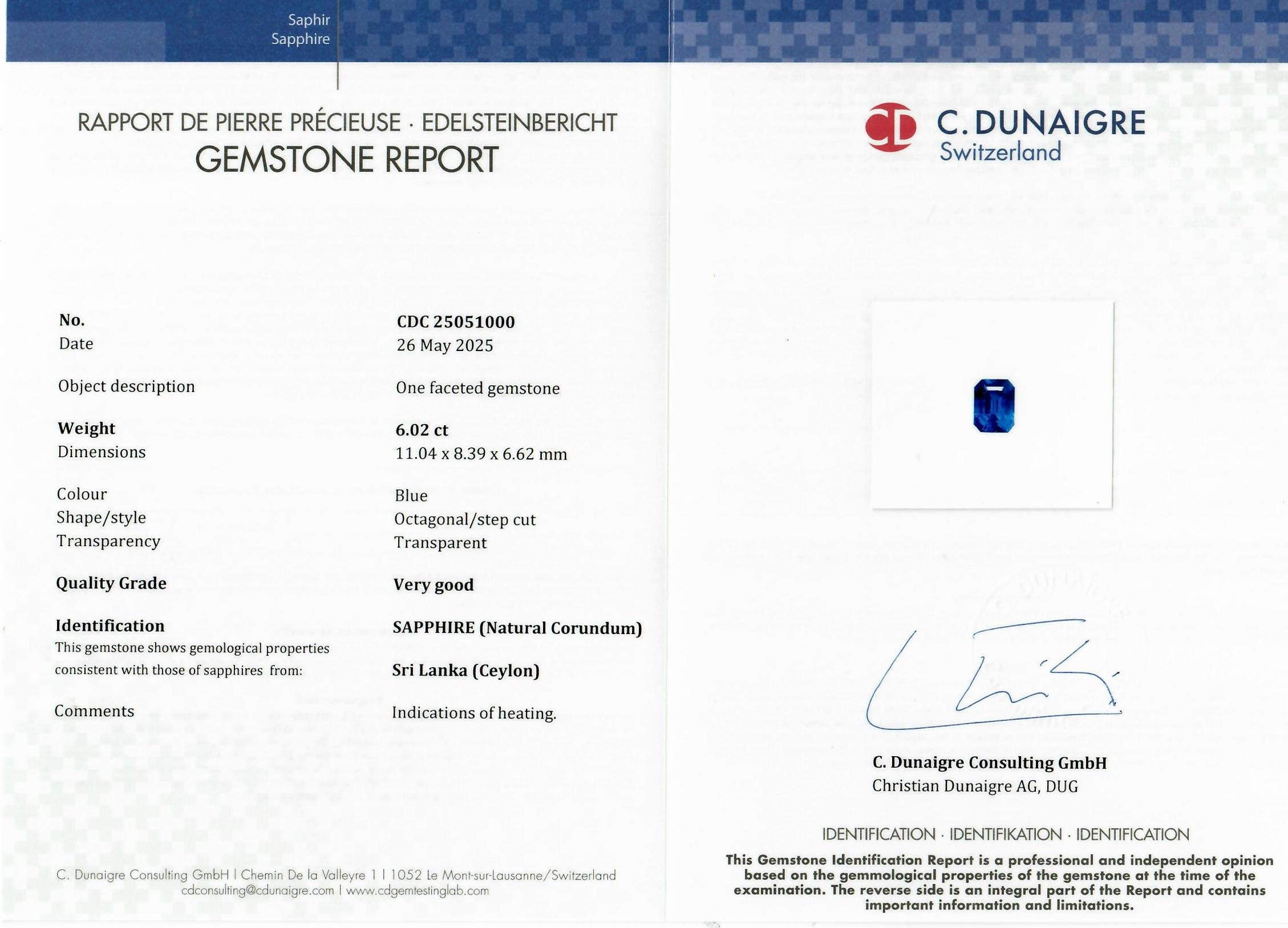 6.02 Ct. Blue Sapphire from Ceylon (Sri Lanka)