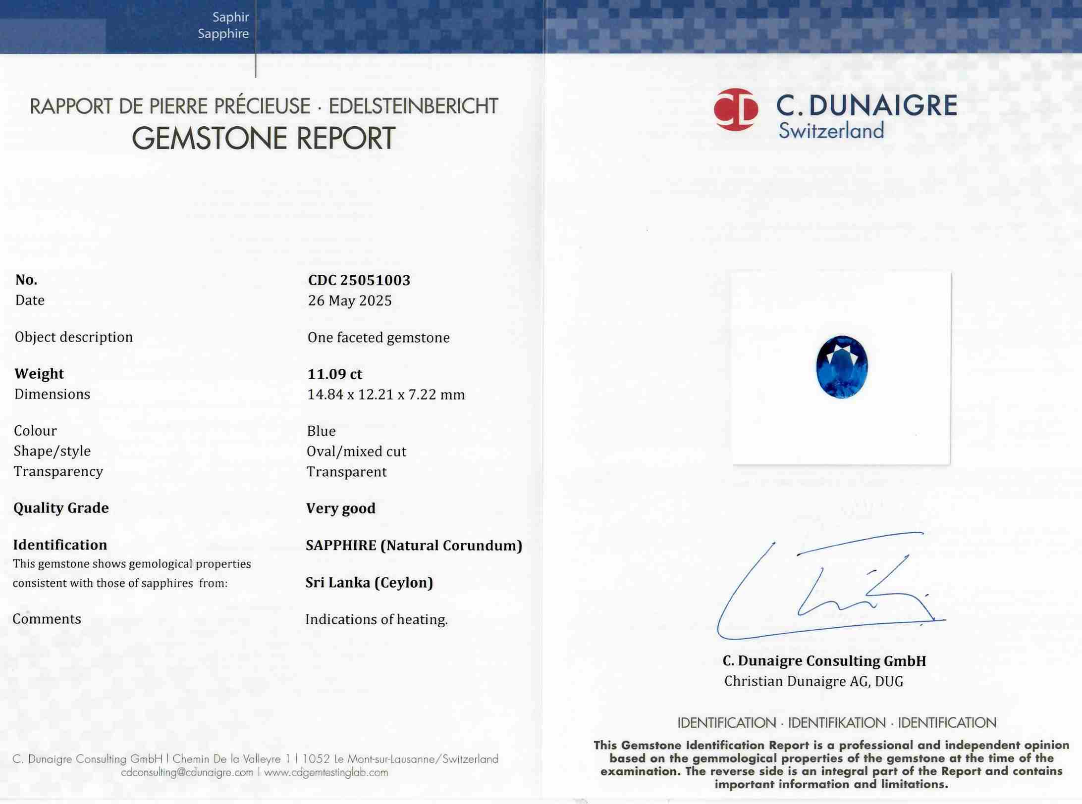 11.10 Ct. Blue Sapphire from Ceylon (Sri Lanka)