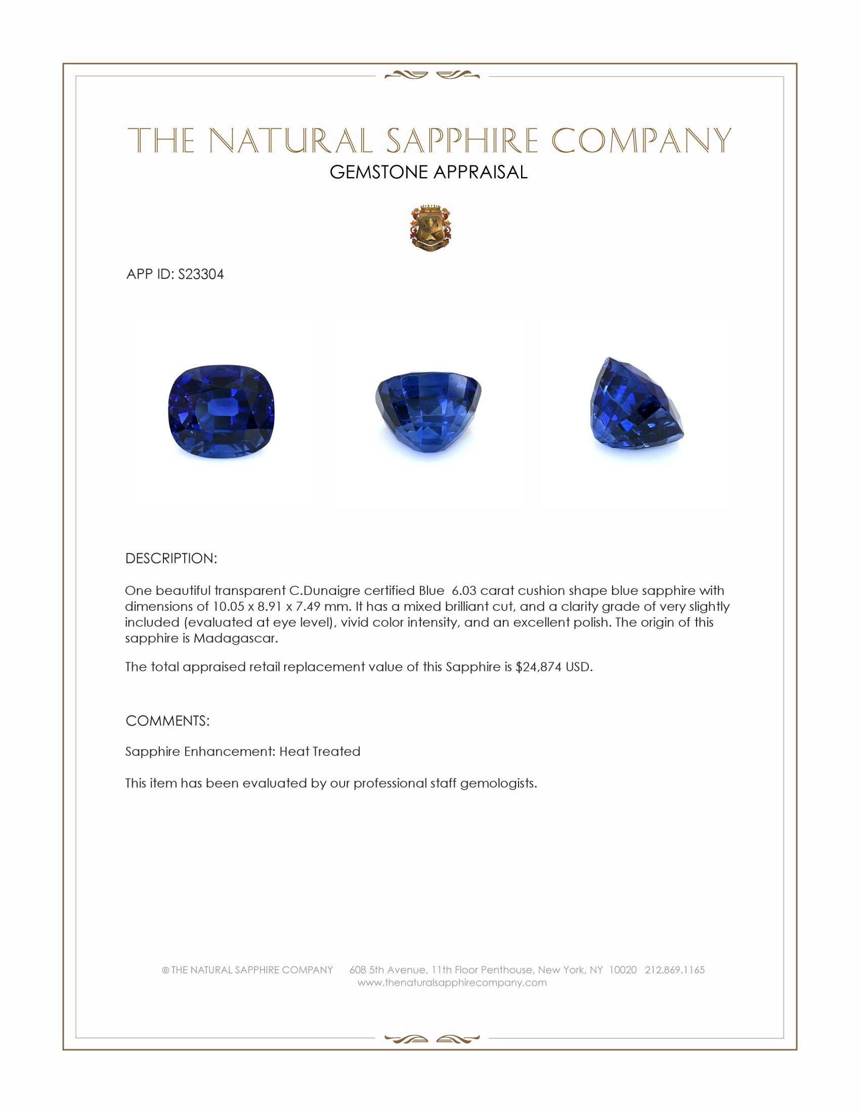 6.03 Ct. Blue Sapphire from Madagascar