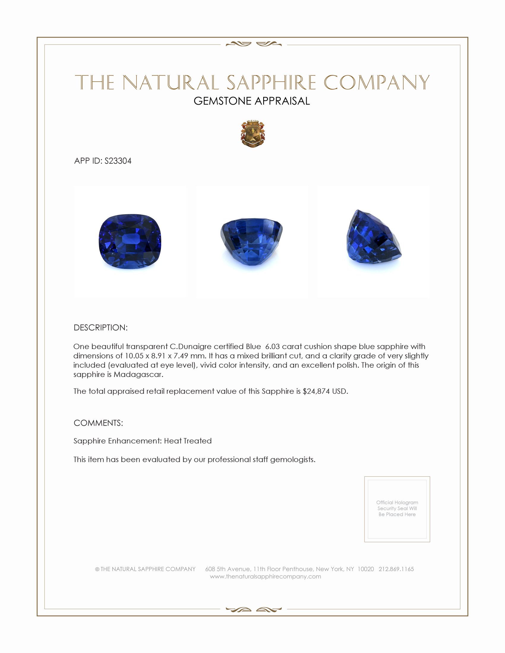 6.03 Ct. Blue Sapphire from Madagascar