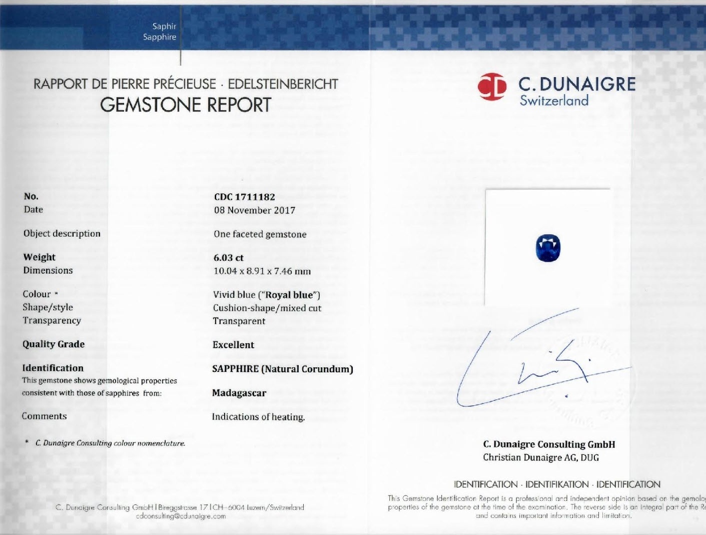 6.03 Ct. Blue Sapphire from Madagascar