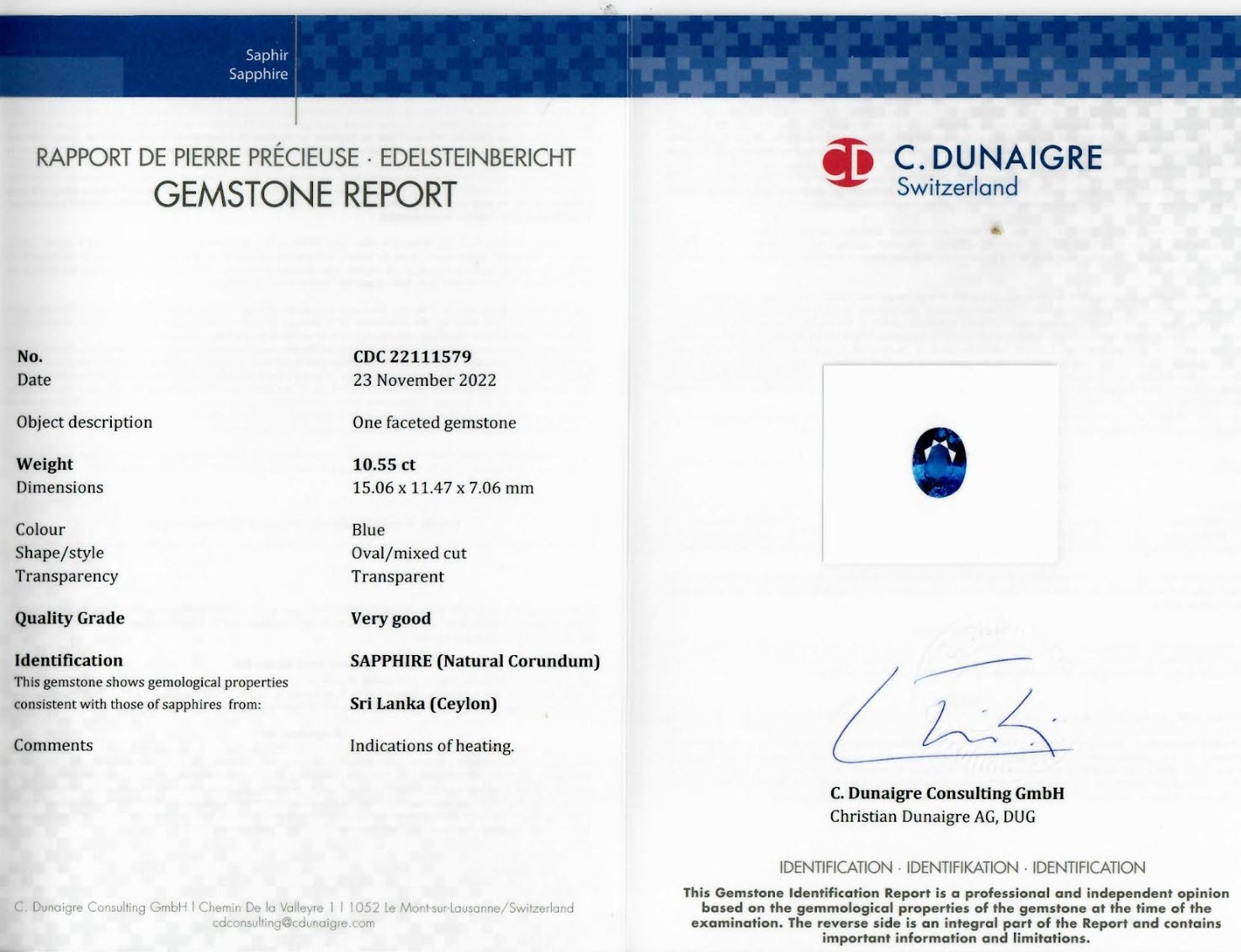 10.55 Ct. Blue Sapphire from Ceylon (Sri Lanka)