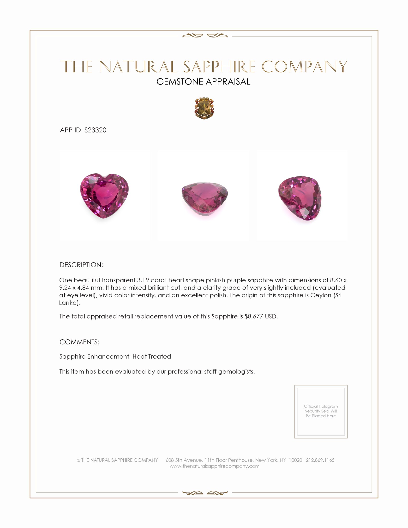 3.19 Ct. Pinkish Purple Sapphire from Ceylon (Sri Lanka)