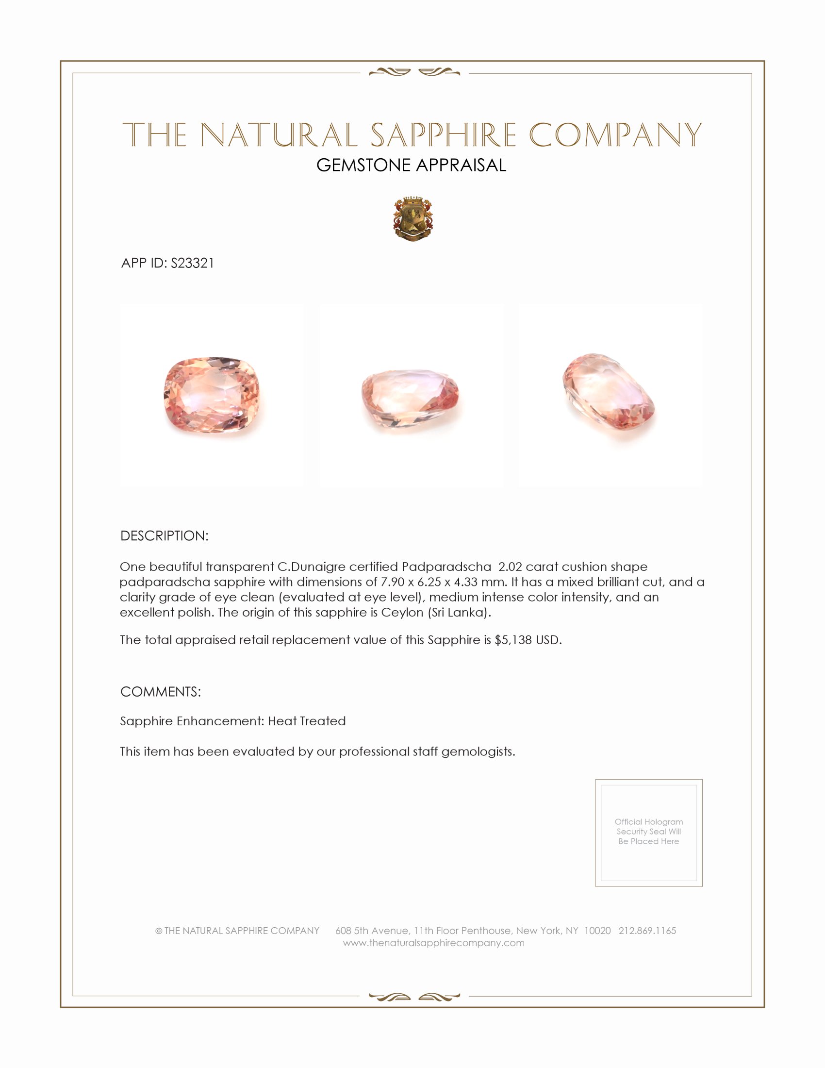 2.02 Ct. Padparadscha Sapphire from Ceylon (Sri Lanka)