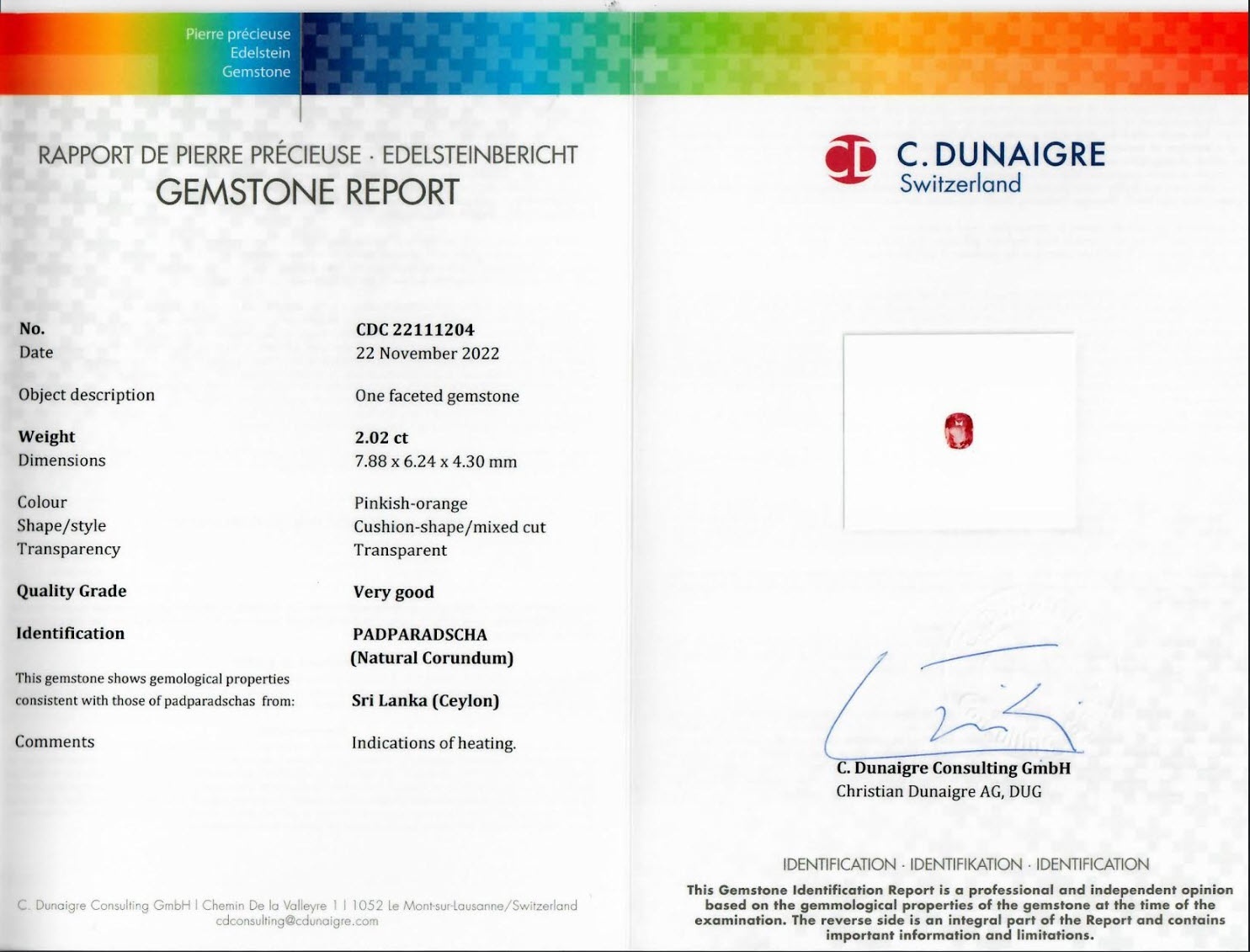 2.02 Ct. Padparadscha Sapphire from Ceylon (Sri Lanka)