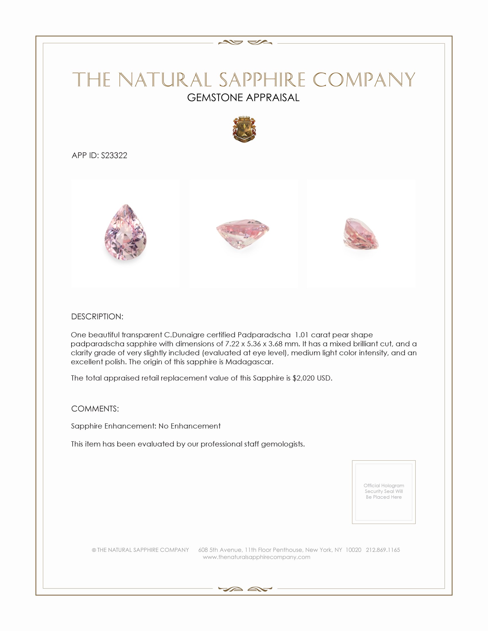 1.01 Ct. Padparadscha Sapphire from Madagascar