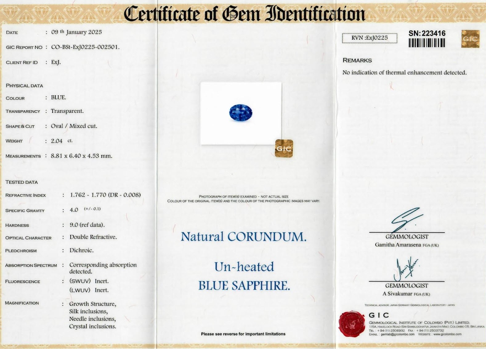 2.04 Ct. Blue Sapphire from Ceylon (Sri Lanka)