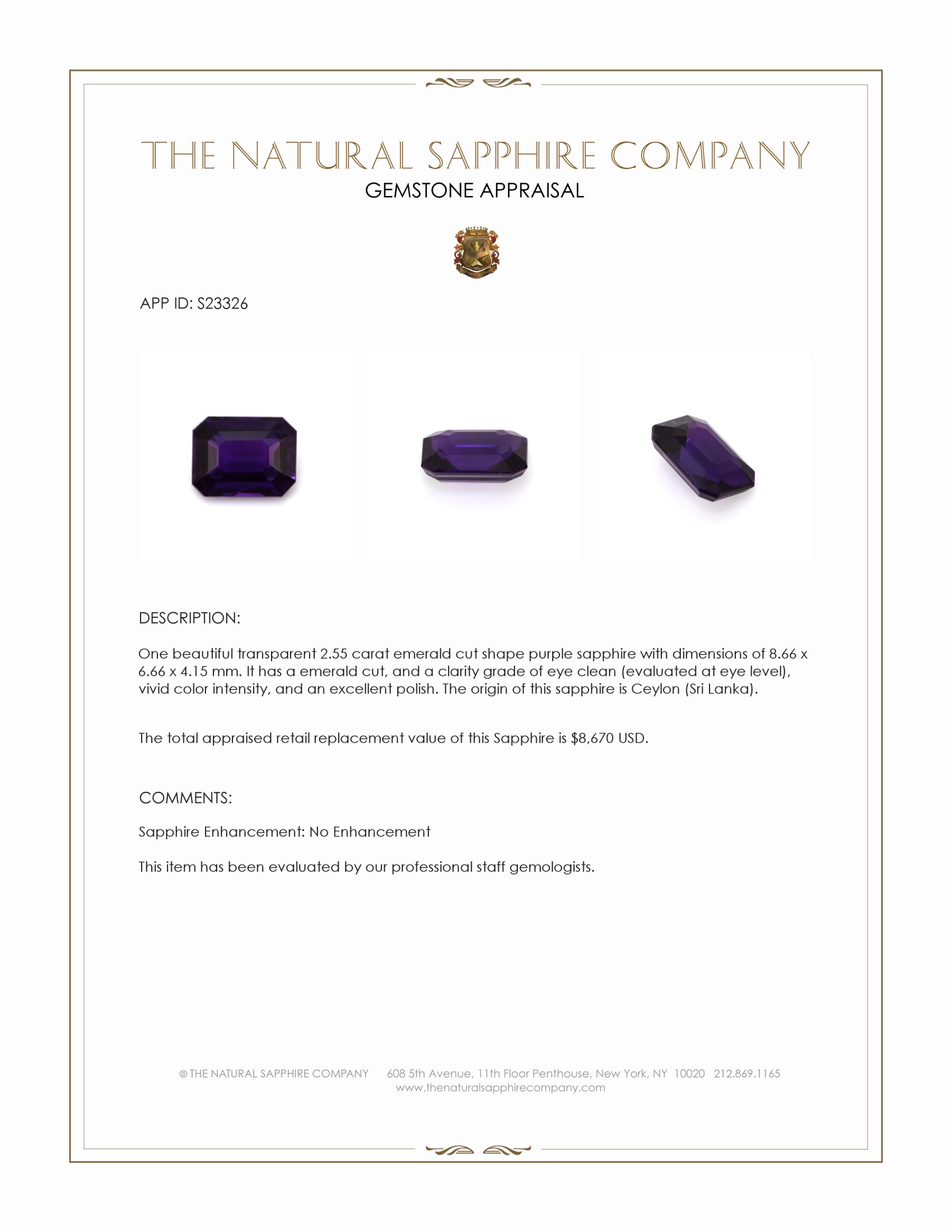 2.55 Ct. Purple Sapphire from Ceylon (Sri Lanka)