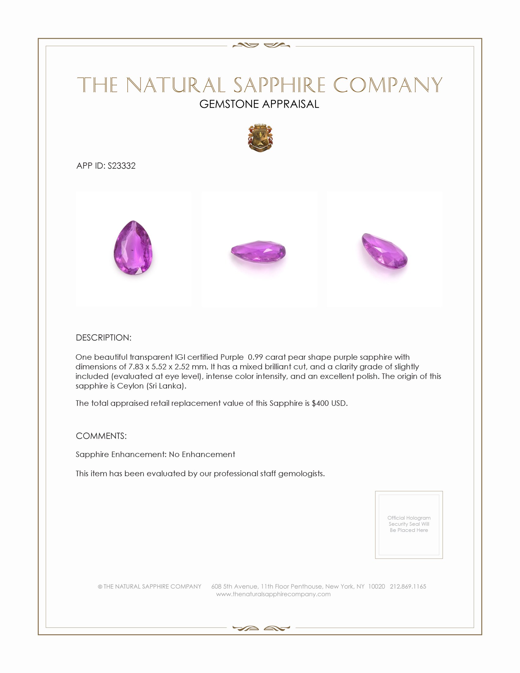 0.99 Ct. Purple Sapphire from Ceylon (Sri Lanka)