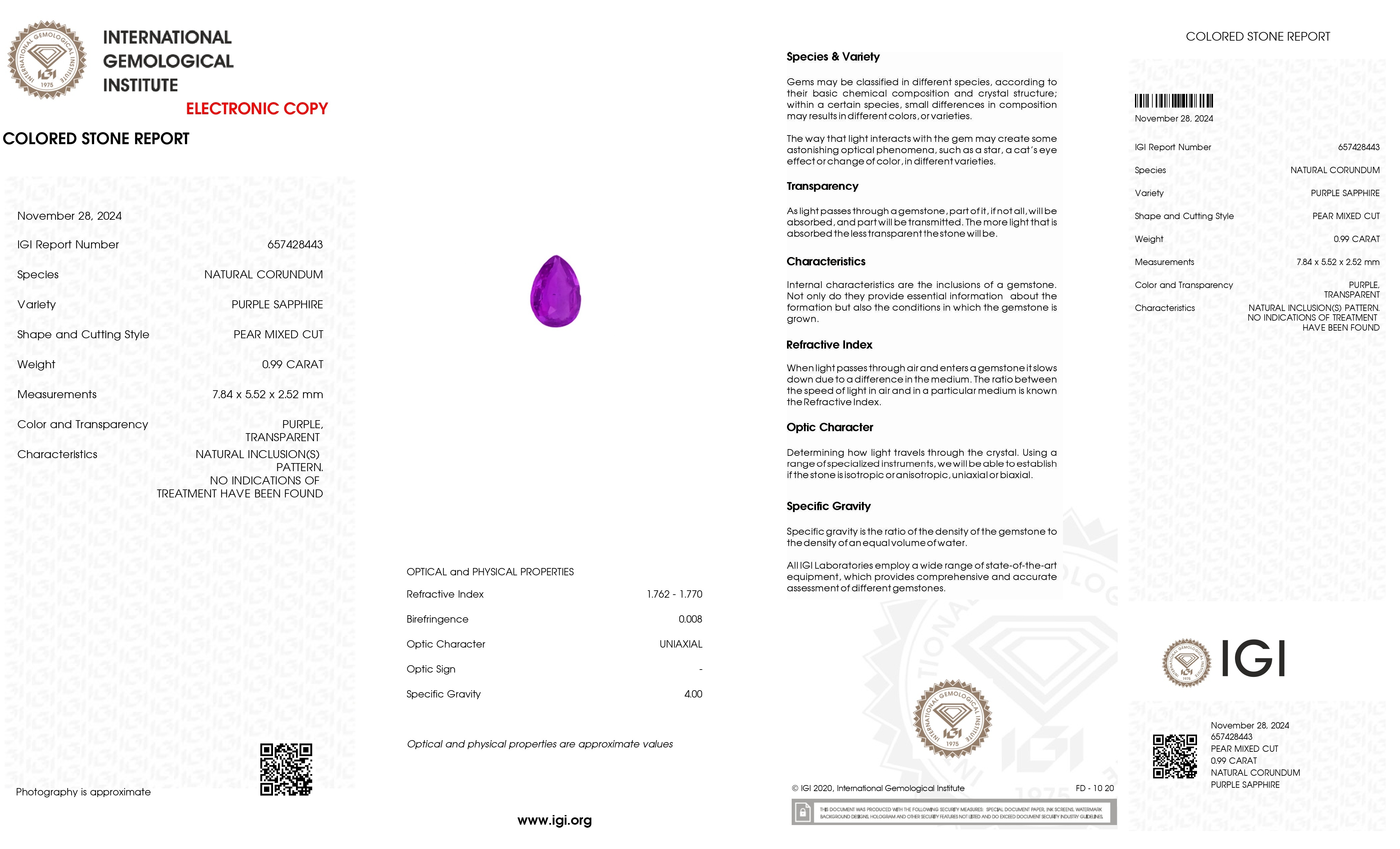 0.99 Ct. Purple Sapphire from Ceylon (Sri Lanka)