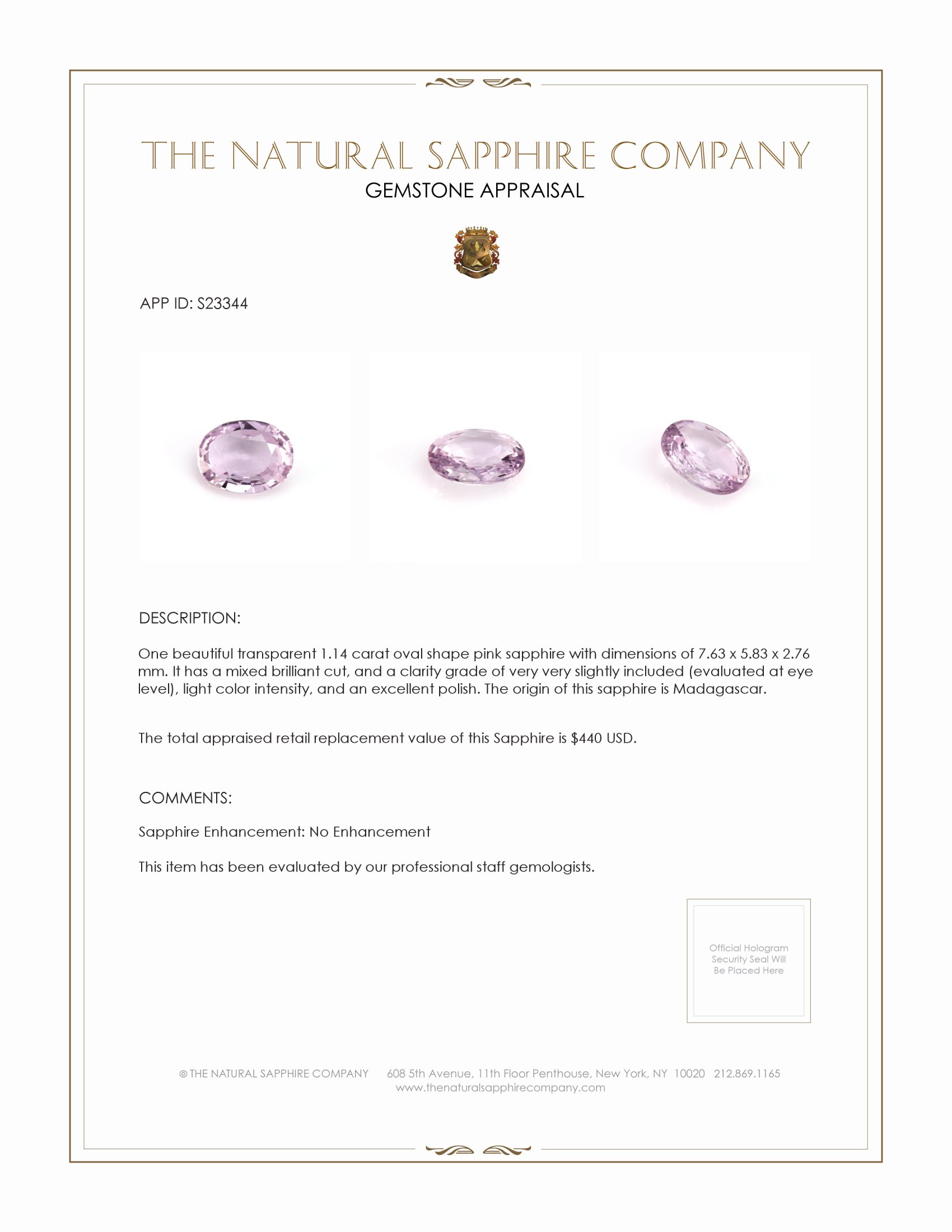 1.14 Ct. Pink Sapphire from Madagascar