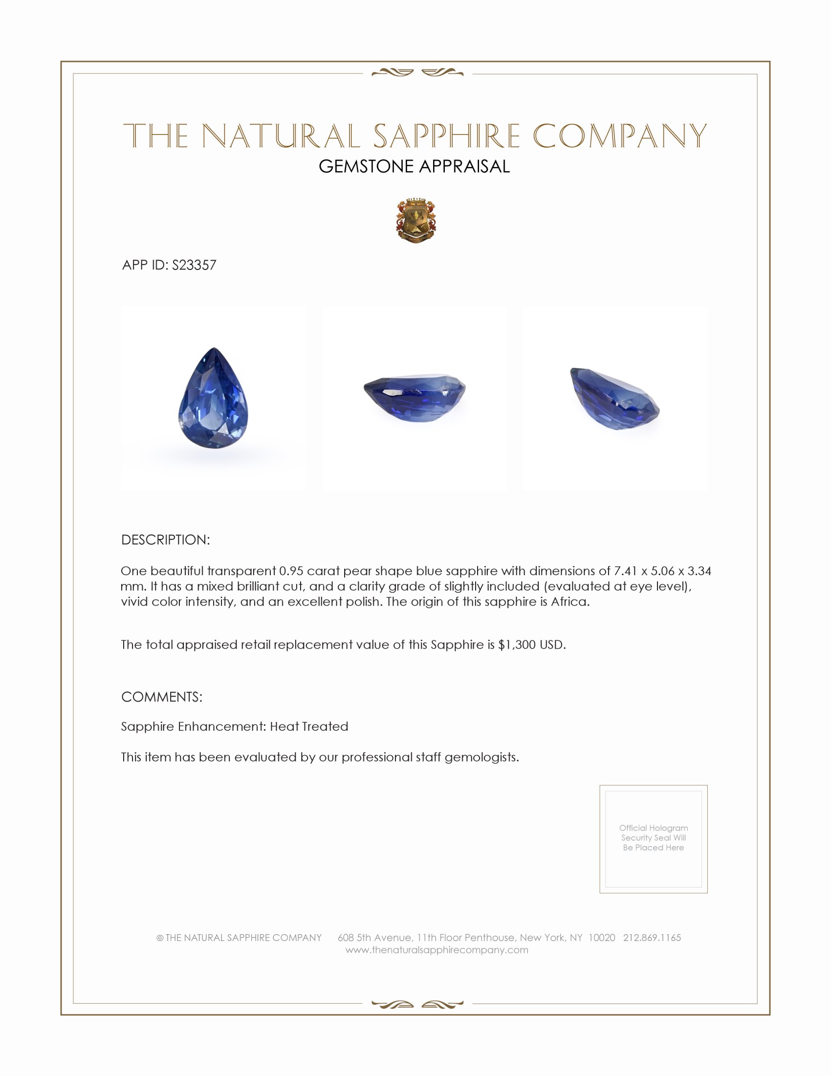 0.95 Ct. Blue Sapphire from Africa