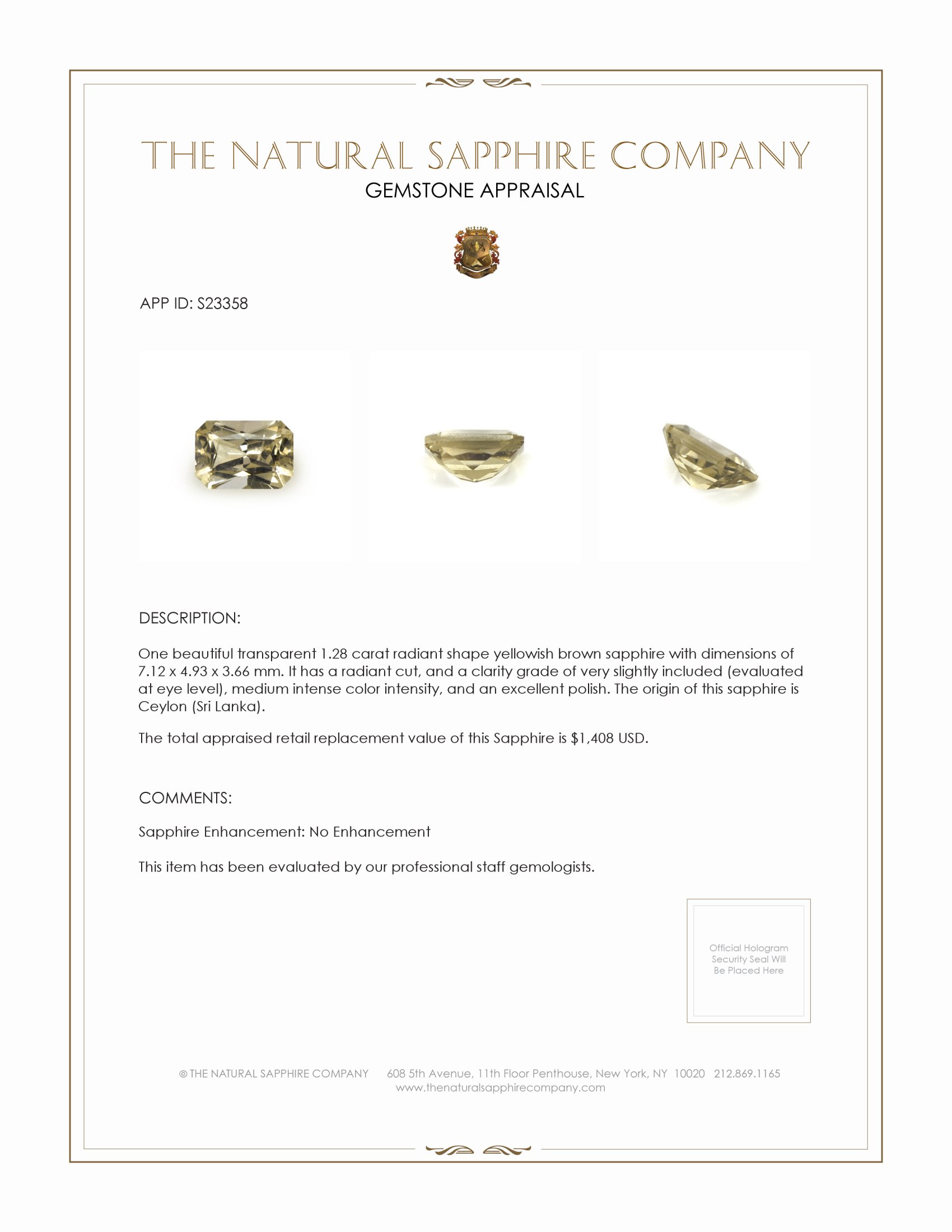 1.28 Ct. Yellowish Brown Sapphire from Ceylon (Sri Lanka)