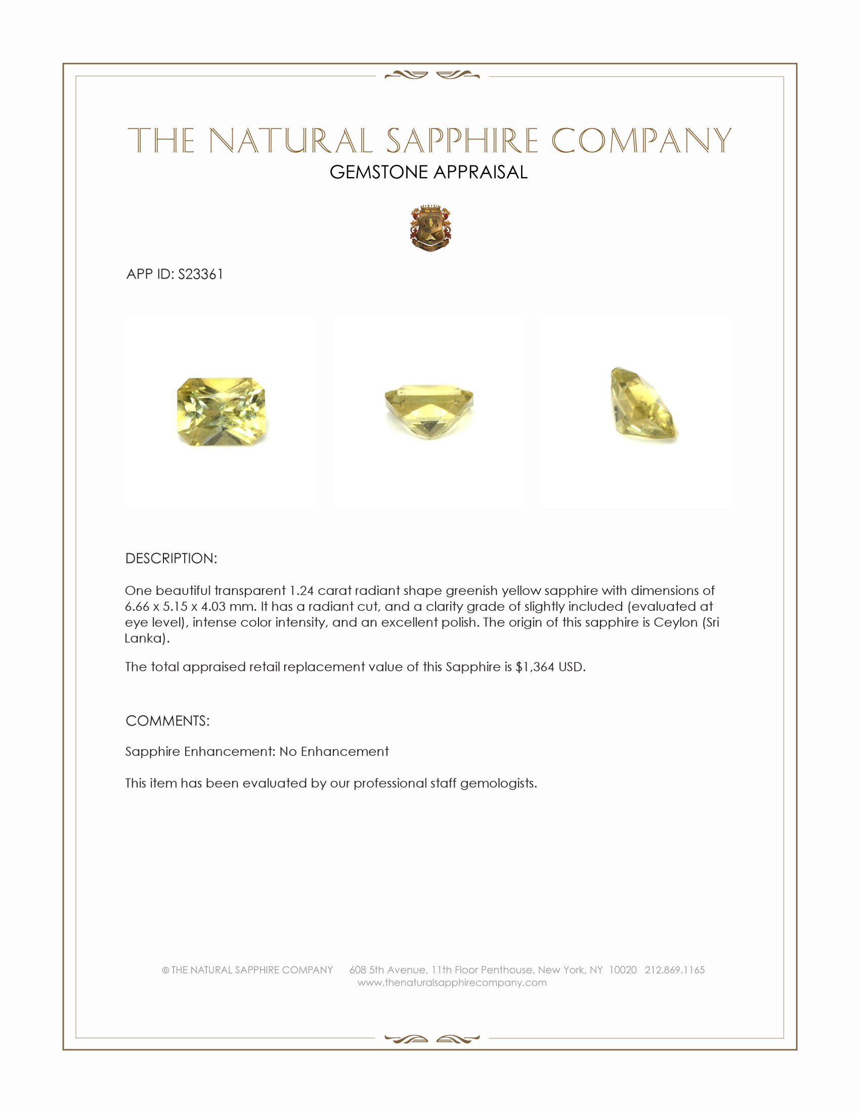 1.24 Ct. Greenish Yellow Sapphire from Ceylon (Sri Lanka)