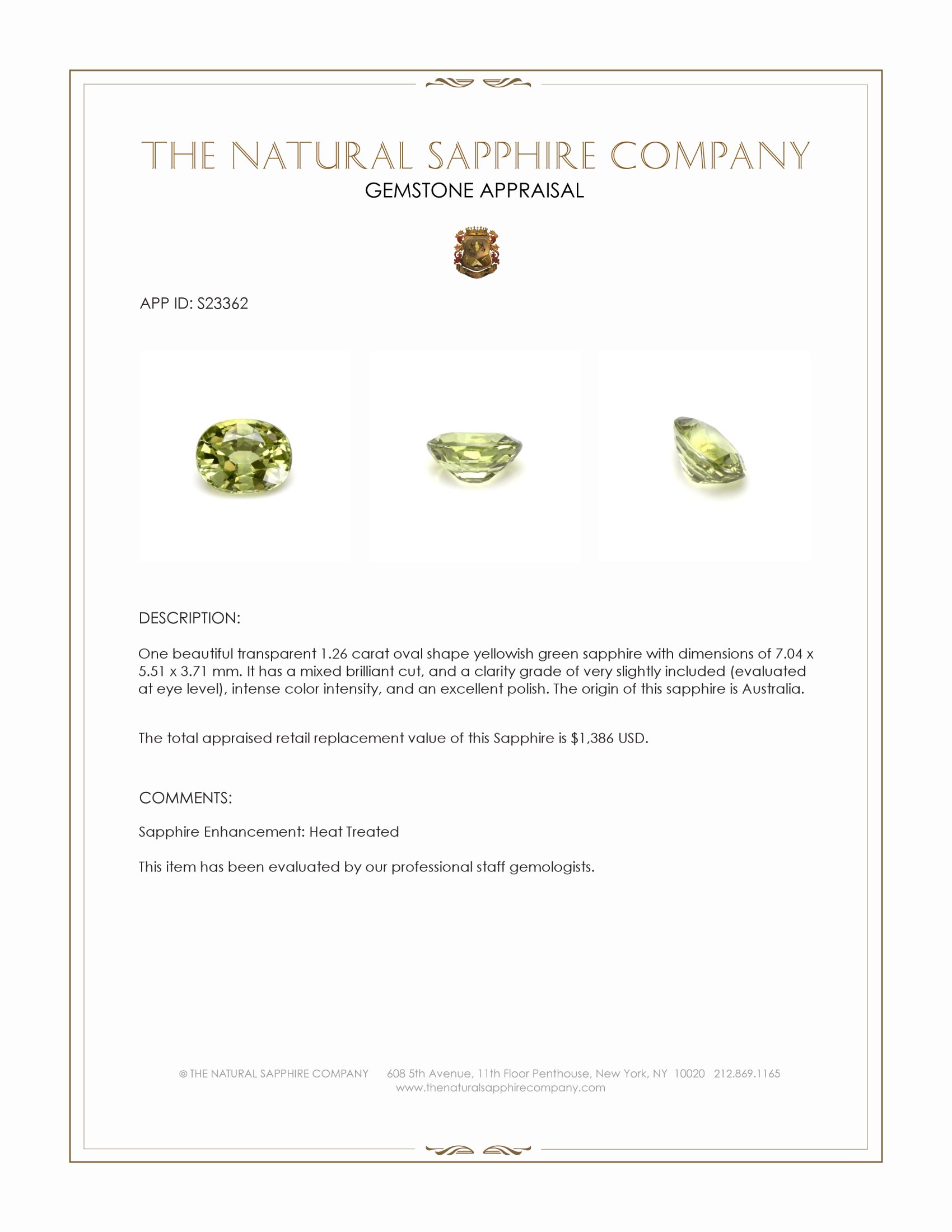 1.26 Ct. Yellowish Green Sapphire from Australia