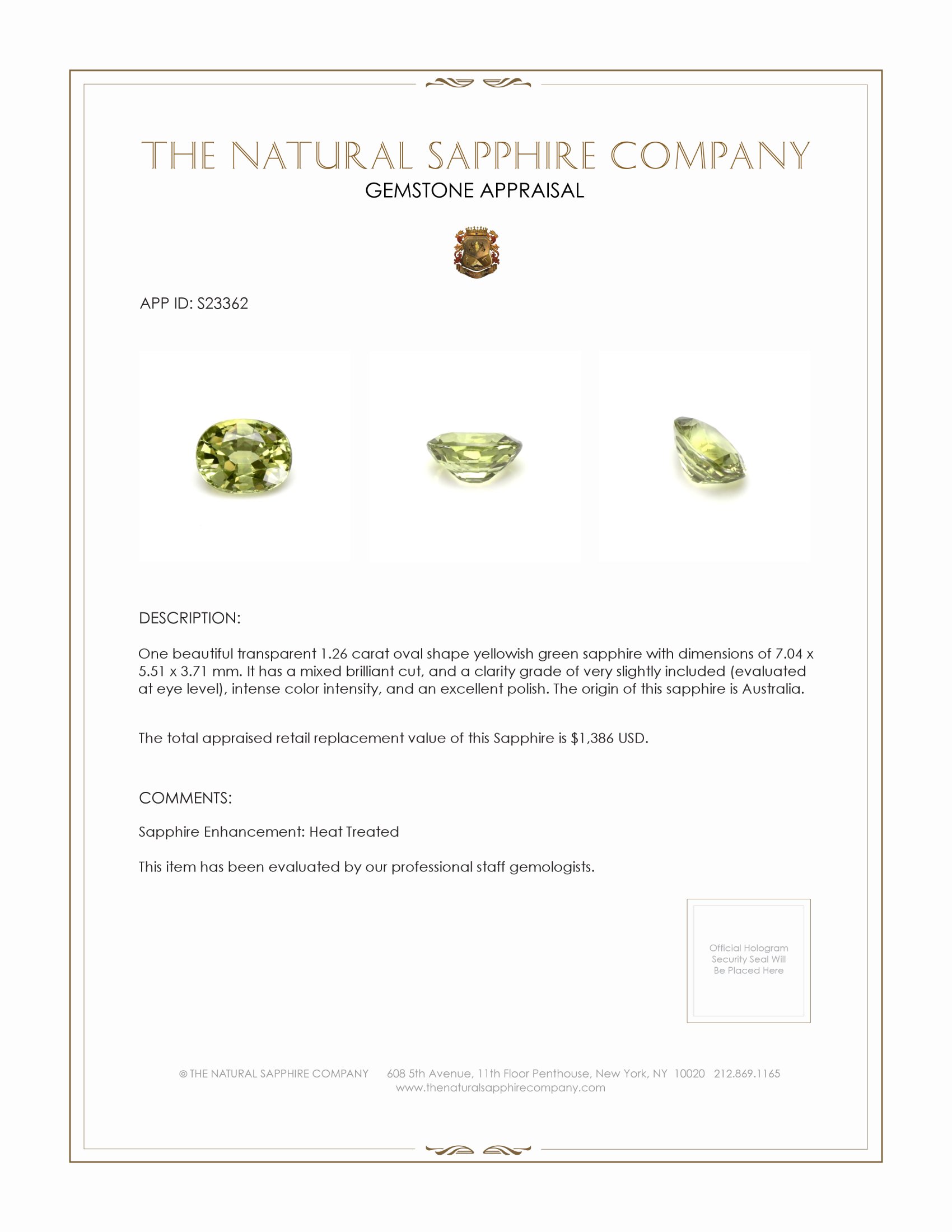 1.26 Ct. Yellowish Green Sapphire from Australia
