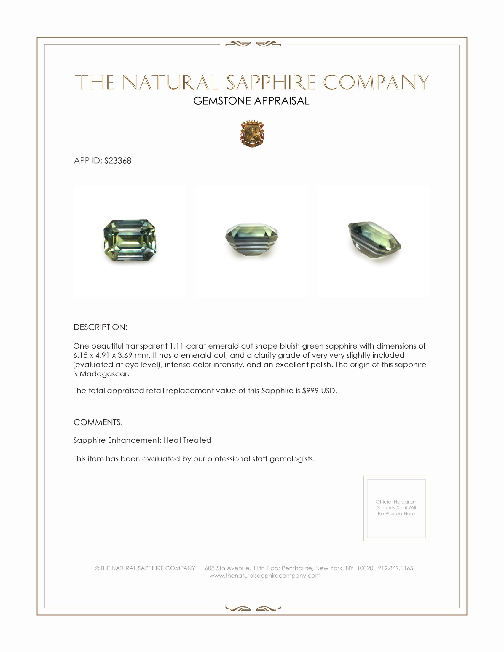 1.11 Ct. Bluish Green Sapphire from Madagascar