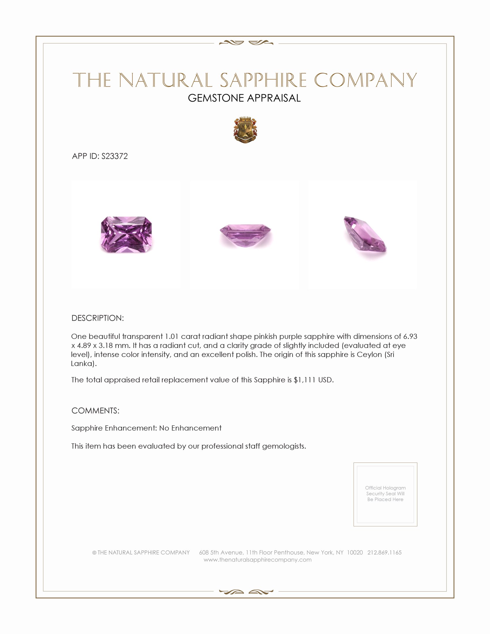 1.01 Ct. Pinkish Purple Sapphire from Ceylon (Sri Lanka)
