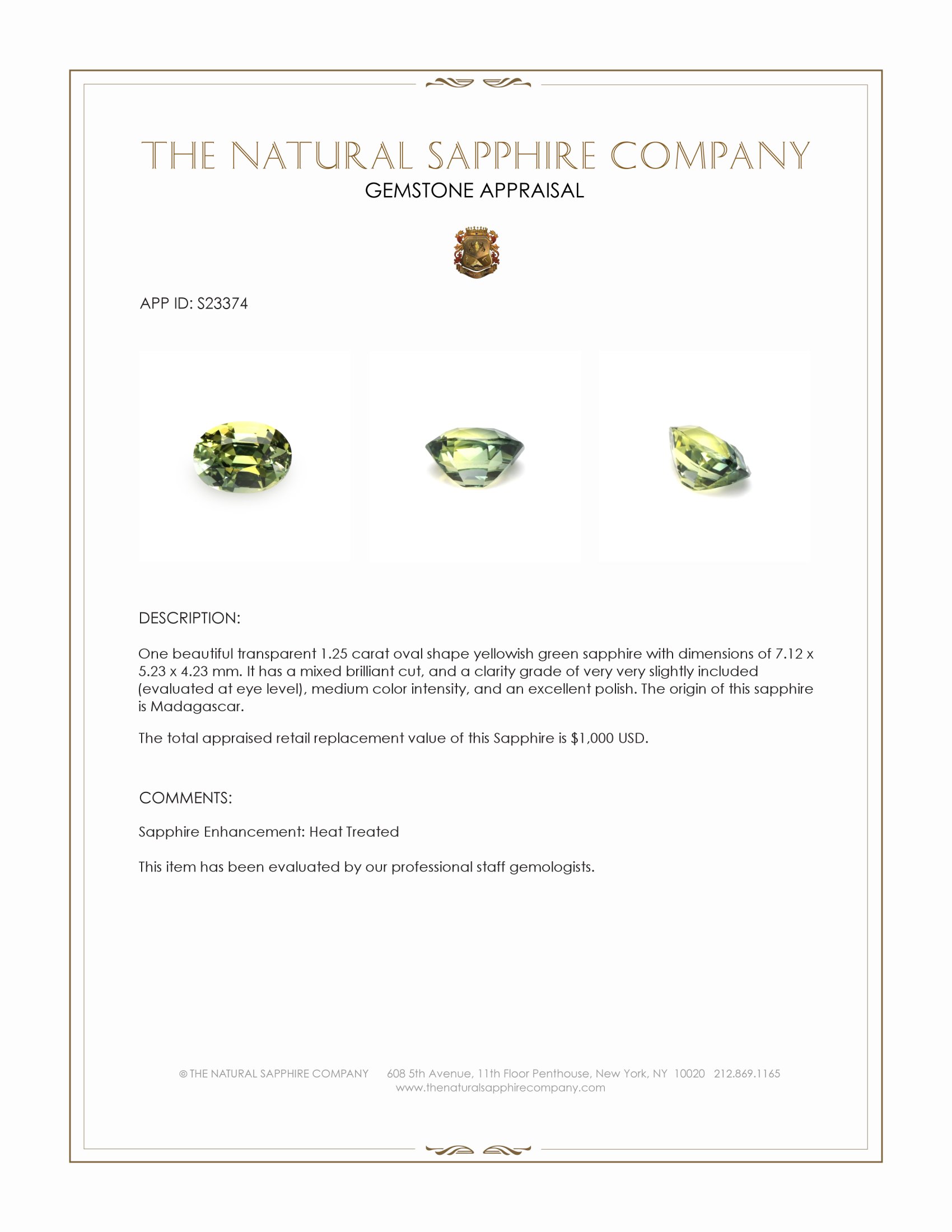 1.25 Ct. Yellowish Green Sapphire from Madagascar