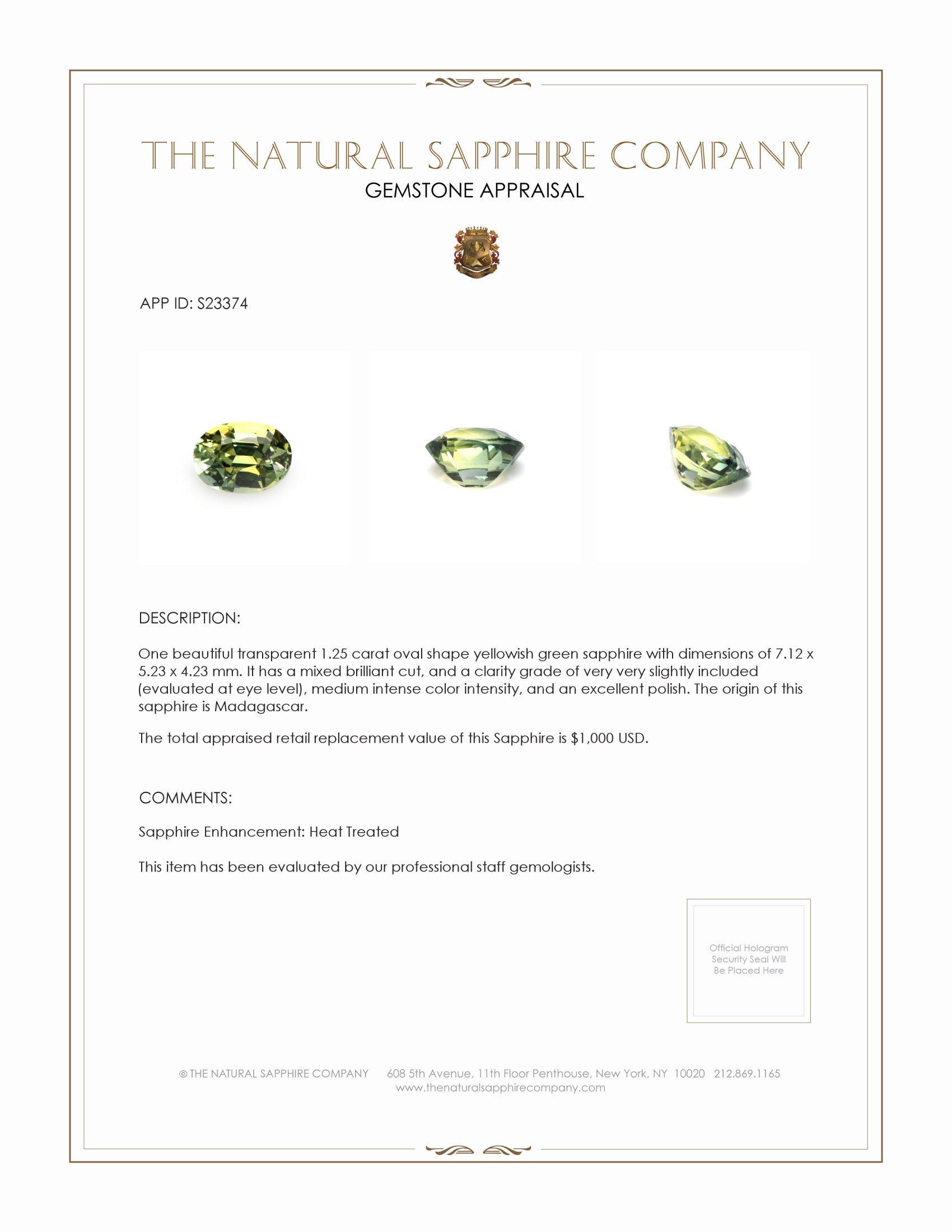 1.25 Ct. Yellowish Green Sapphire from Madagascar