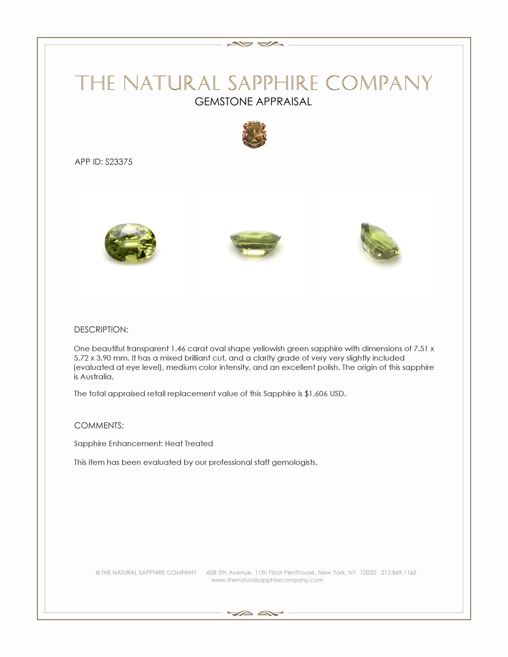 1.46 Ct. Yellowish Green Sapphire from Australia