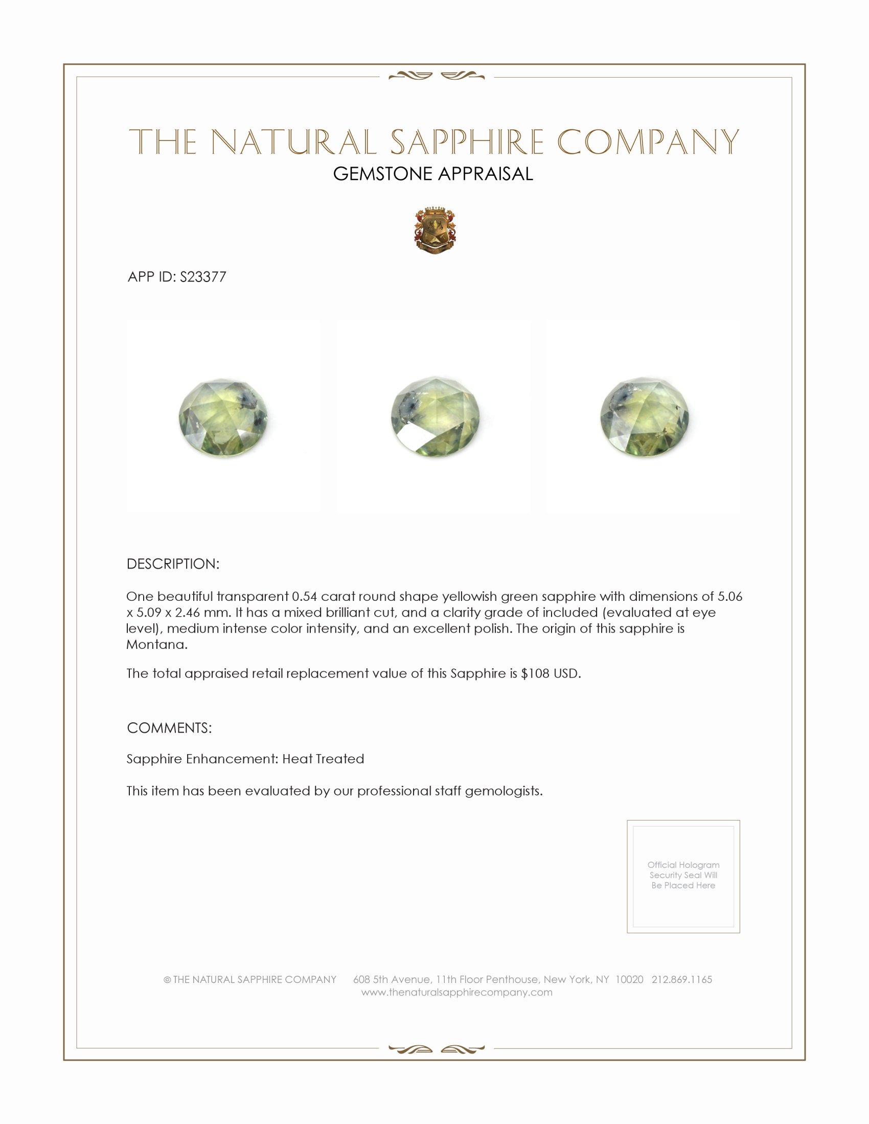 0.54 Ct. Yellowish Green Sapphire from Montana